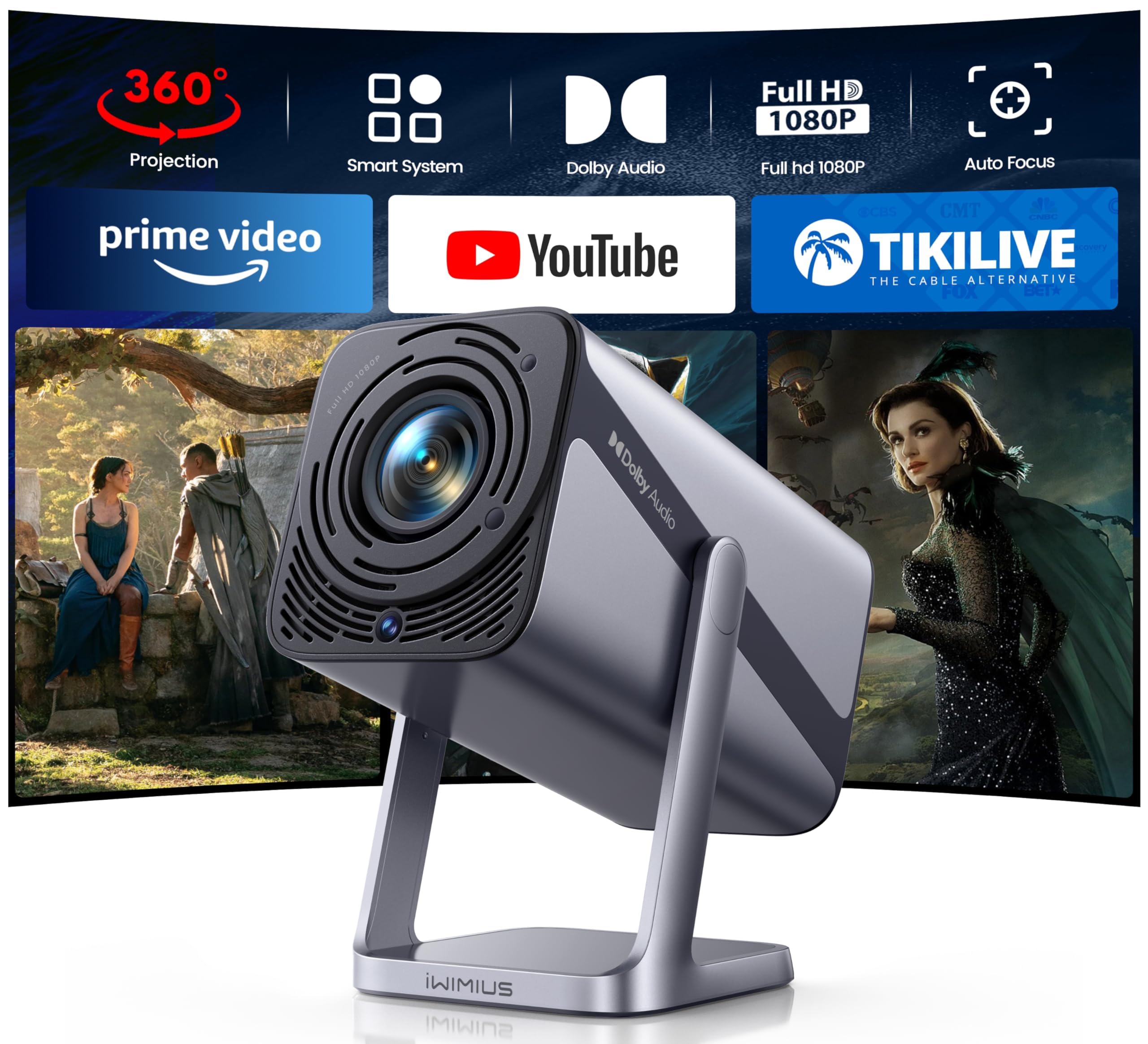 Mini-Beamer 4K heimkino[Kompatibel mit Netflix|Dolby Audio]600ANSI Smart Beamer klein Full HD 1080P Auto Fokus/Vertikale Trapezkorrektur 360° Drehbar WiFi6 Bluetooth iWIMIUS Projektor für Home Outdoor