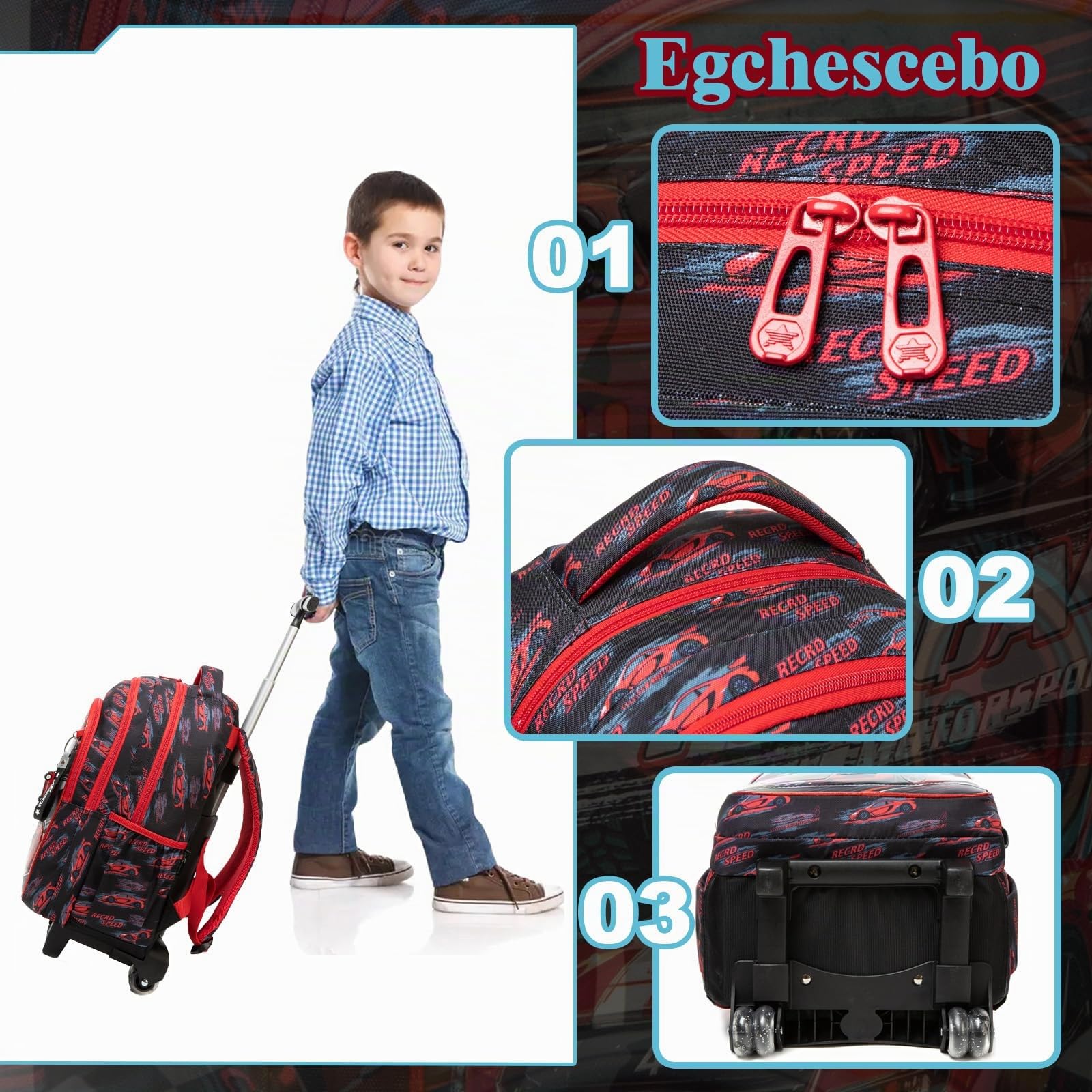 Mochilas Escolares con Coches Ruedas Carro Niño 17" 3PCS Mochila Carrito para Trolley Escolar Bolso de Viaje Estuche Stitch Chicos Maleta Colegio Grande Medianas Infantil Niños Rojo