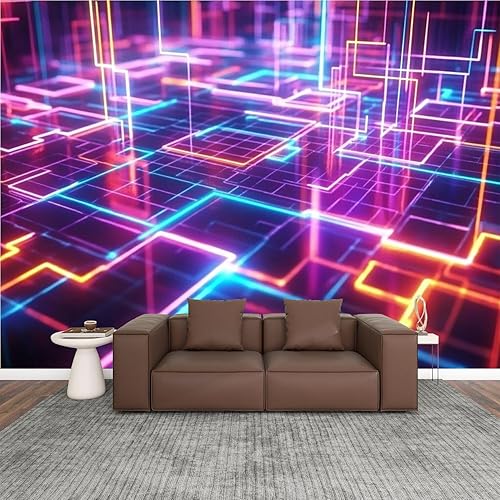 Miniatura 13 de Murales modernos para papel tapiz 3D de los años 80, neón, retro, Synthwave, 3D, laberinto, cubos, formas geométricas, despegar y pegar,