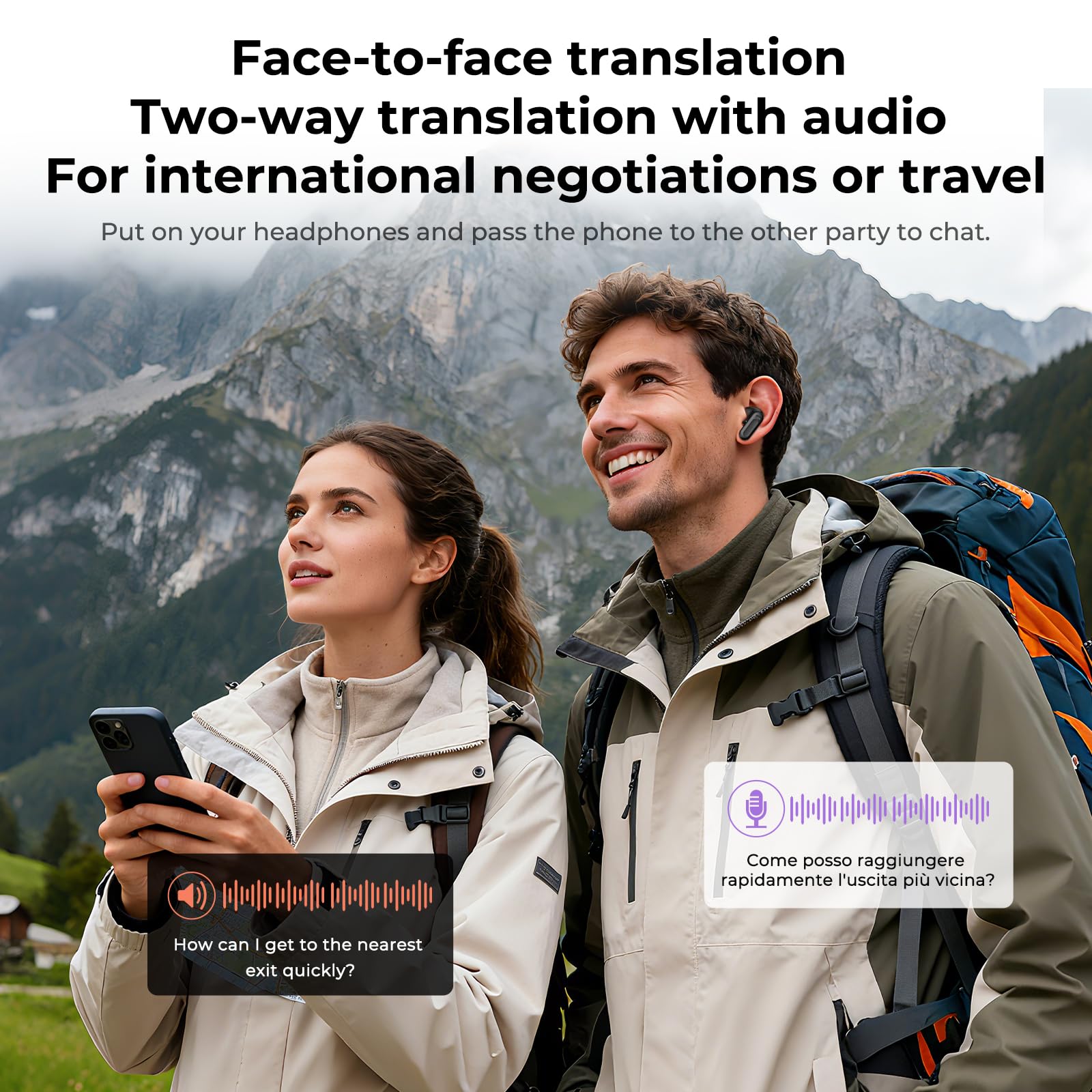 NE20 AI - Traduttore per cuffie, 3 in 1, in tempo reale, 134 lingue con app, 8 modalità di traduzione, Bluetooth 6.0, colore: Bianco
