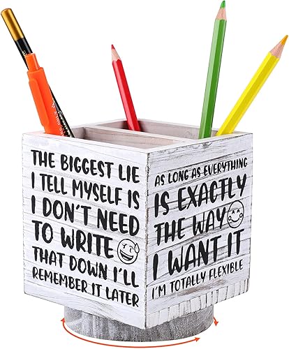 Miniatura 1 de Soporte giratorio de madera para bolígrafo para escritorio, con texto en inglés "I'll Remember It Later", lindo organizador divertido para