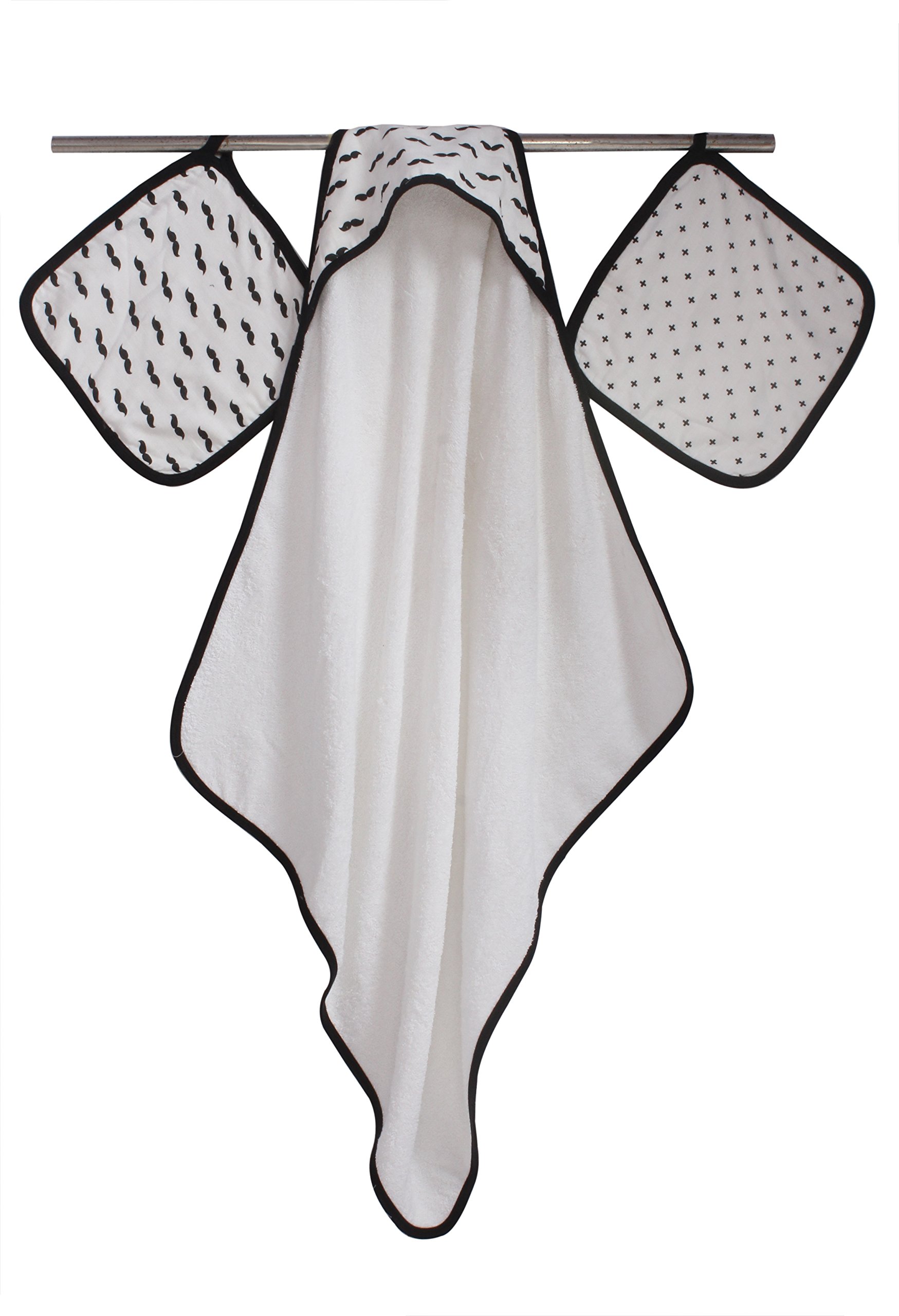 Bacati - Love Muslin/Cotton Fabric One Hooded Towel & Two Wash Cloths (Mustache/Plus/Cross, Black)