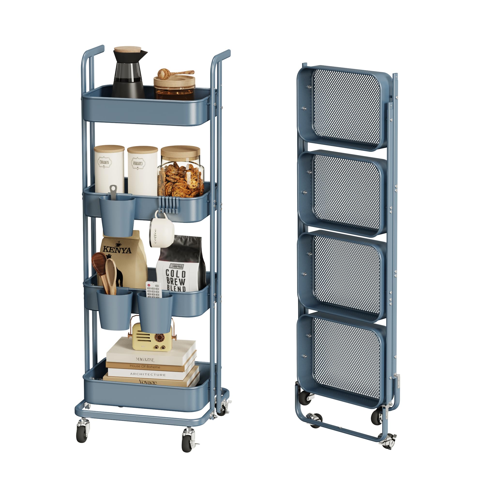 4 Tier Foldable Rolling Cart, Metal Utility Cart with Wheels, 3 Hanging Cups and 6 Hooks, Folding Trolley for Living Room, Kitchen, Bathroom, Bedroom and Office, Blue