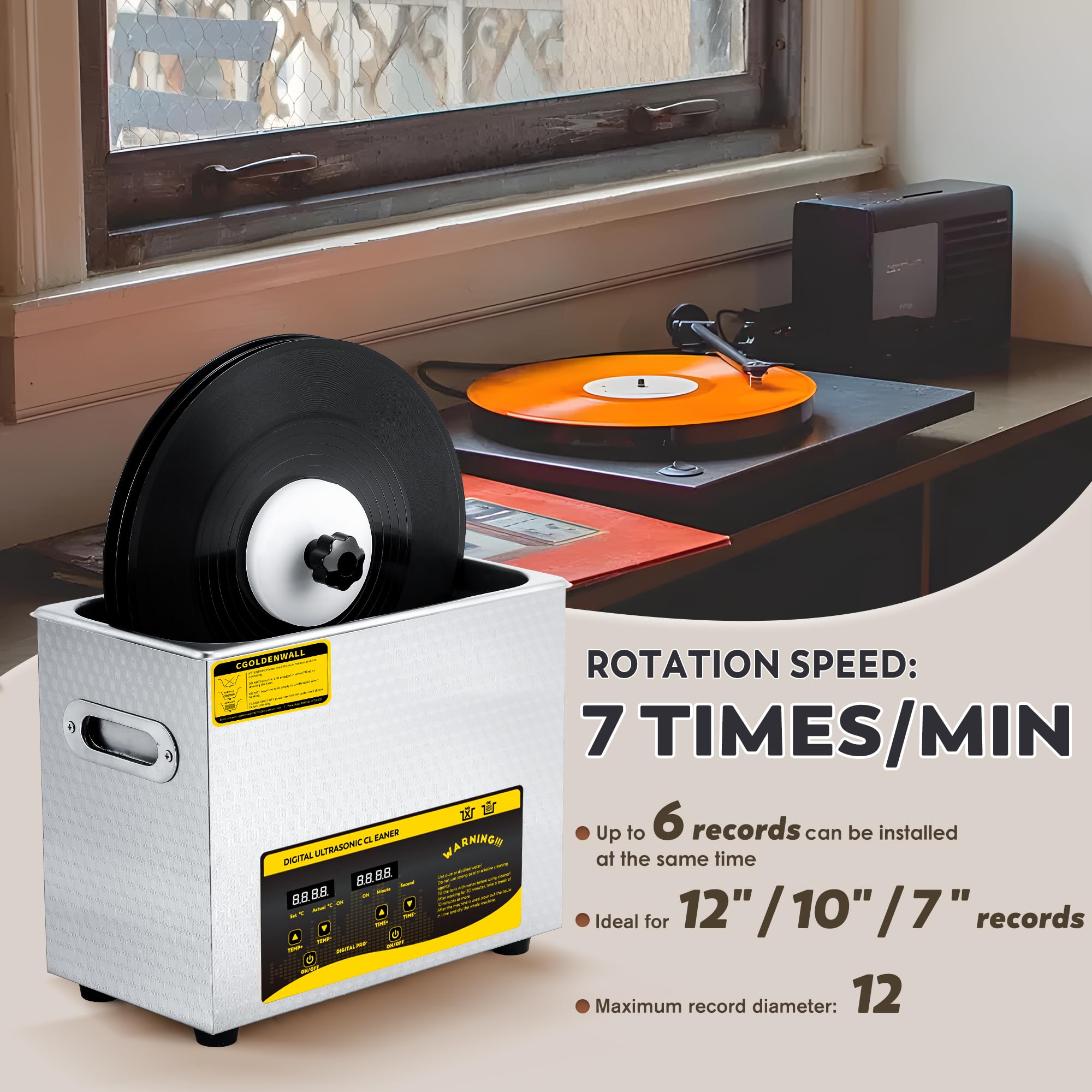 Limpiador Ultrasónico Para Discos 180W 6L Temporizador Digital de 0-30 Minutos y Rotación Automática para Discos de 7/10/12" No Daña la Superficie del Sisco (Rejilla y Cesta de Secado incluidas)