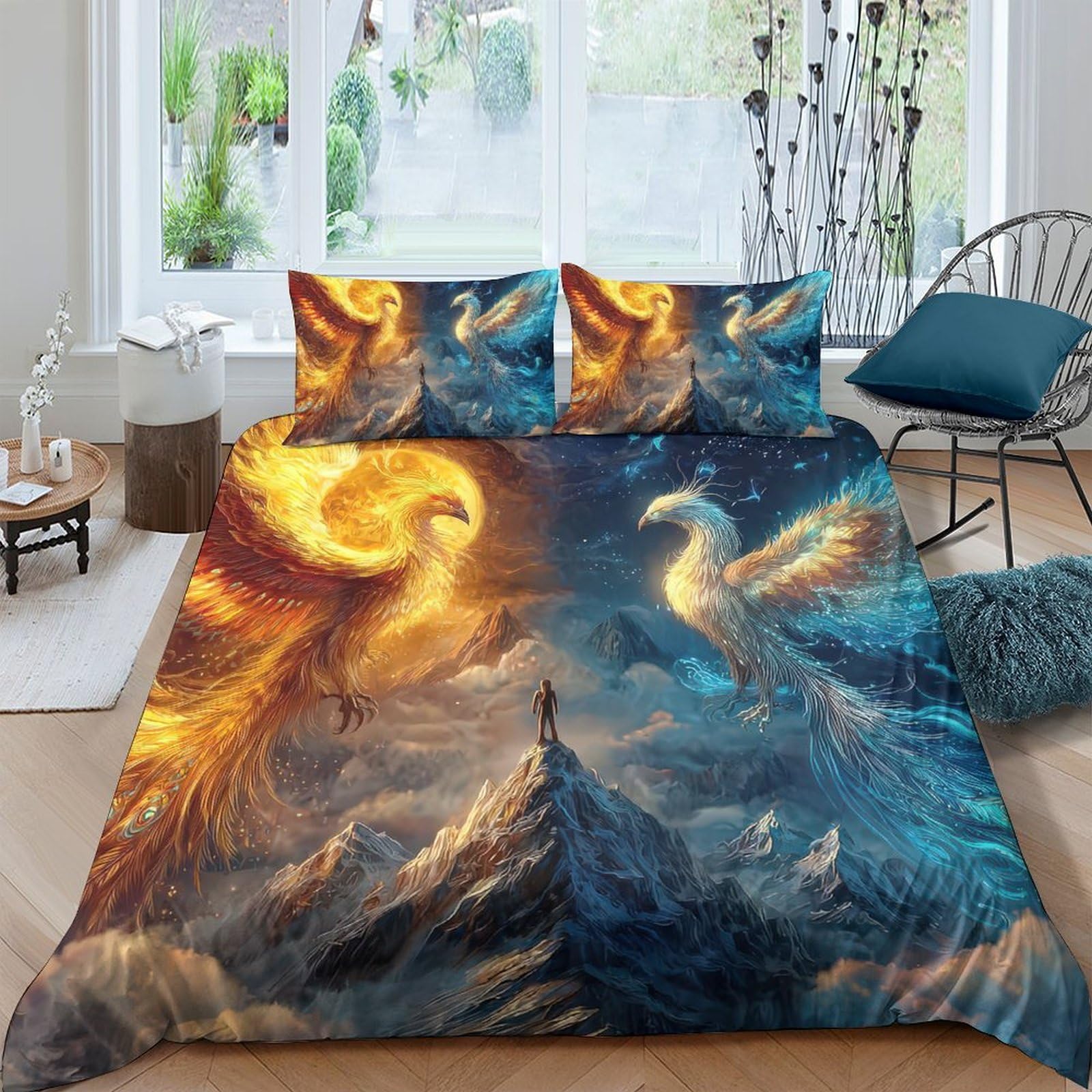 Ctjqhvkz Style-1 3D Printed Phoenix Fire Fitted Sheet Microfiber Soft Breathable Blue Flame Mattress Cover For Bedroom Dorm Decor Single（135X200cm）