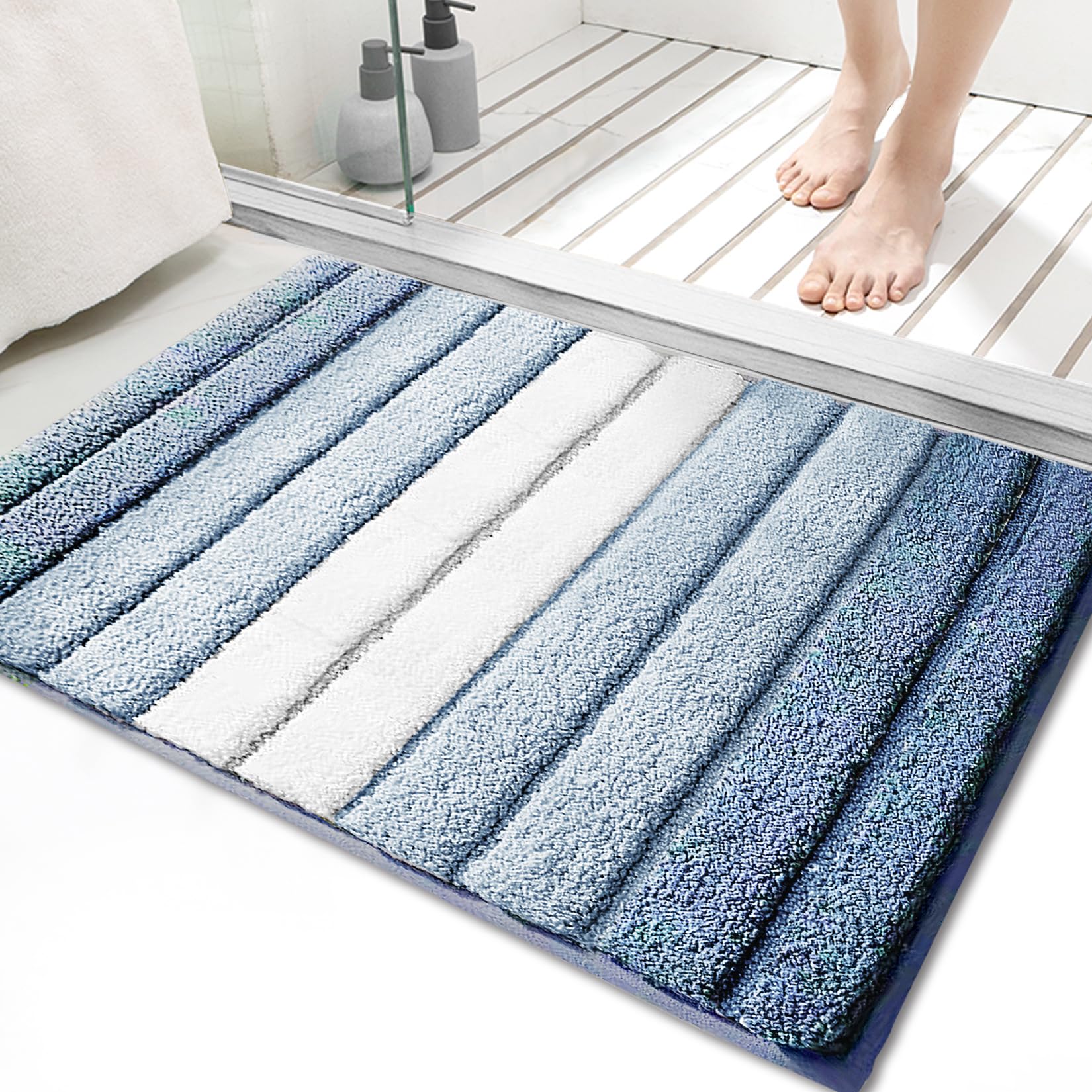 SiliPacks Bathroom Rugs 18"x26" Non-Slip Microfiber Carpet, Machine Washable Quick Dry Bath Mats for Bathroom, Bedroom and Kithchen -Blue