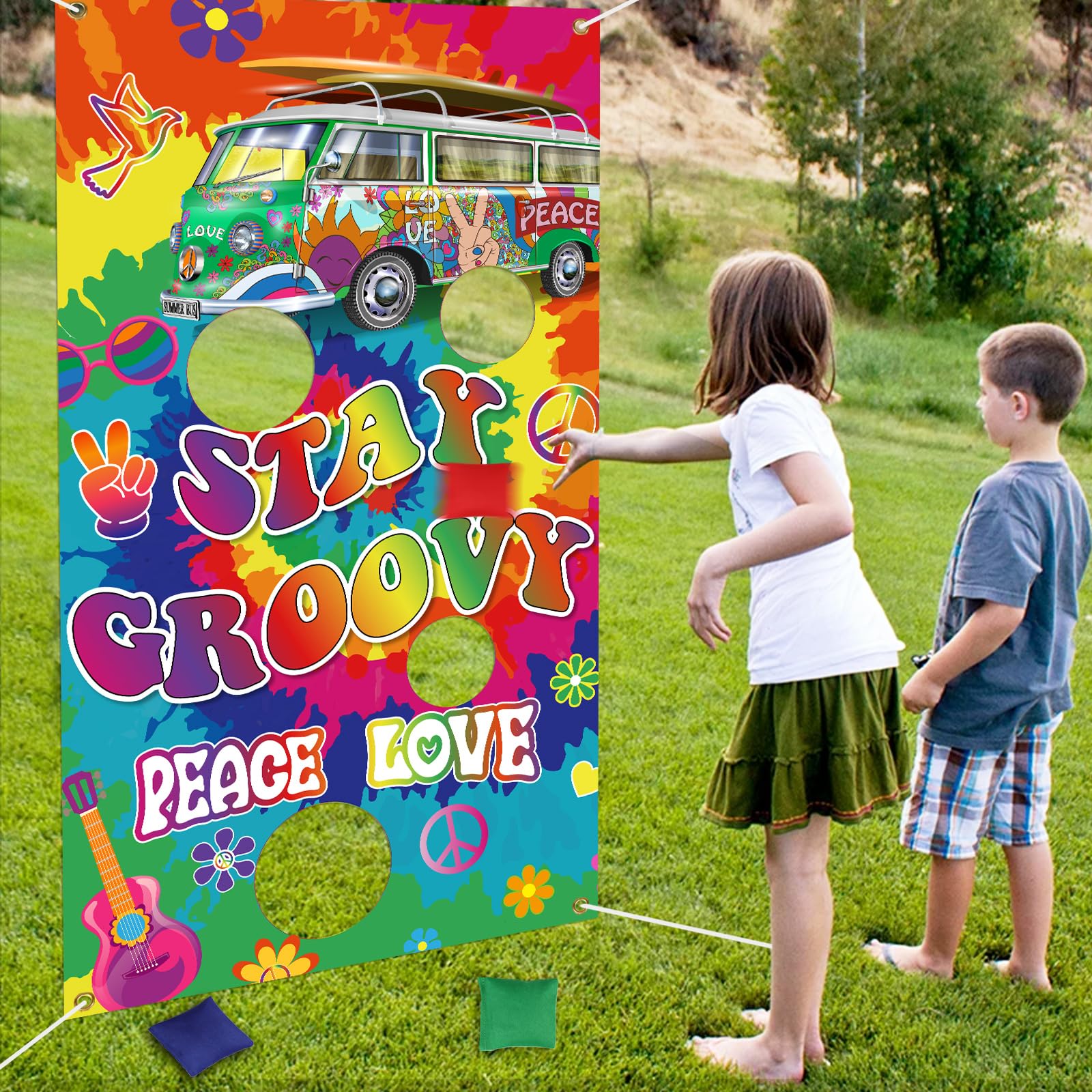 Serencatcher Groovy Toss Game, Tie Dye Groovy Decorations Include Hippie Bus Stay Groovy Peace Love Backdrop with Bean Bags for Hippie Bus Photo Prop Retro Hippie Boho 60's 70's Party