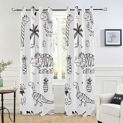 Cute Childish Doodle Striped Dinosaurs Curtains 84" Window Curtain Panels for Apartment Room Divider Kitchen Curtains Decor Cortinas para Ventanas