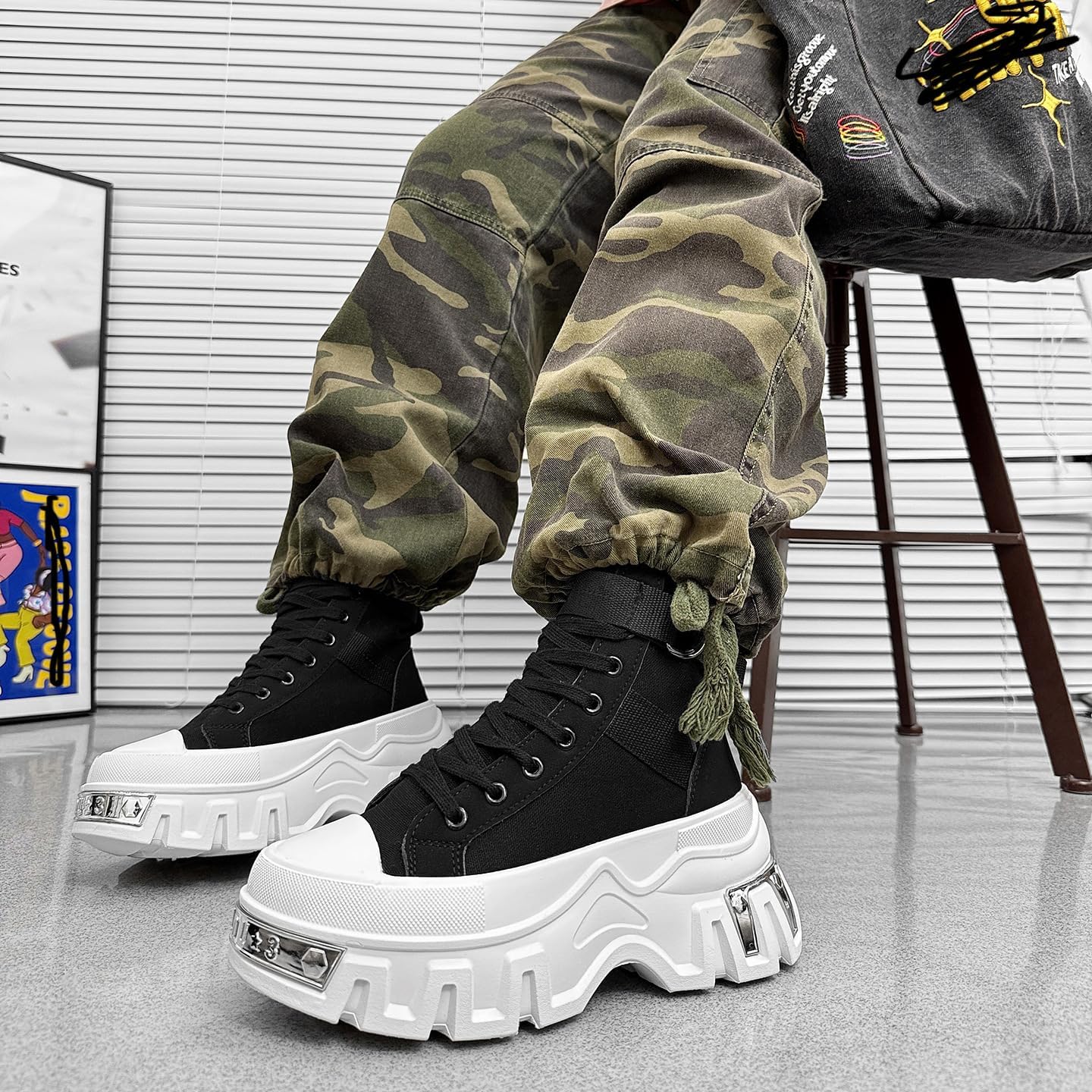 Men's Platform Combat Boots with Strap Avant-Garde Chunky Lace-Up Ankle Boots Warm Canvas Punk Booties