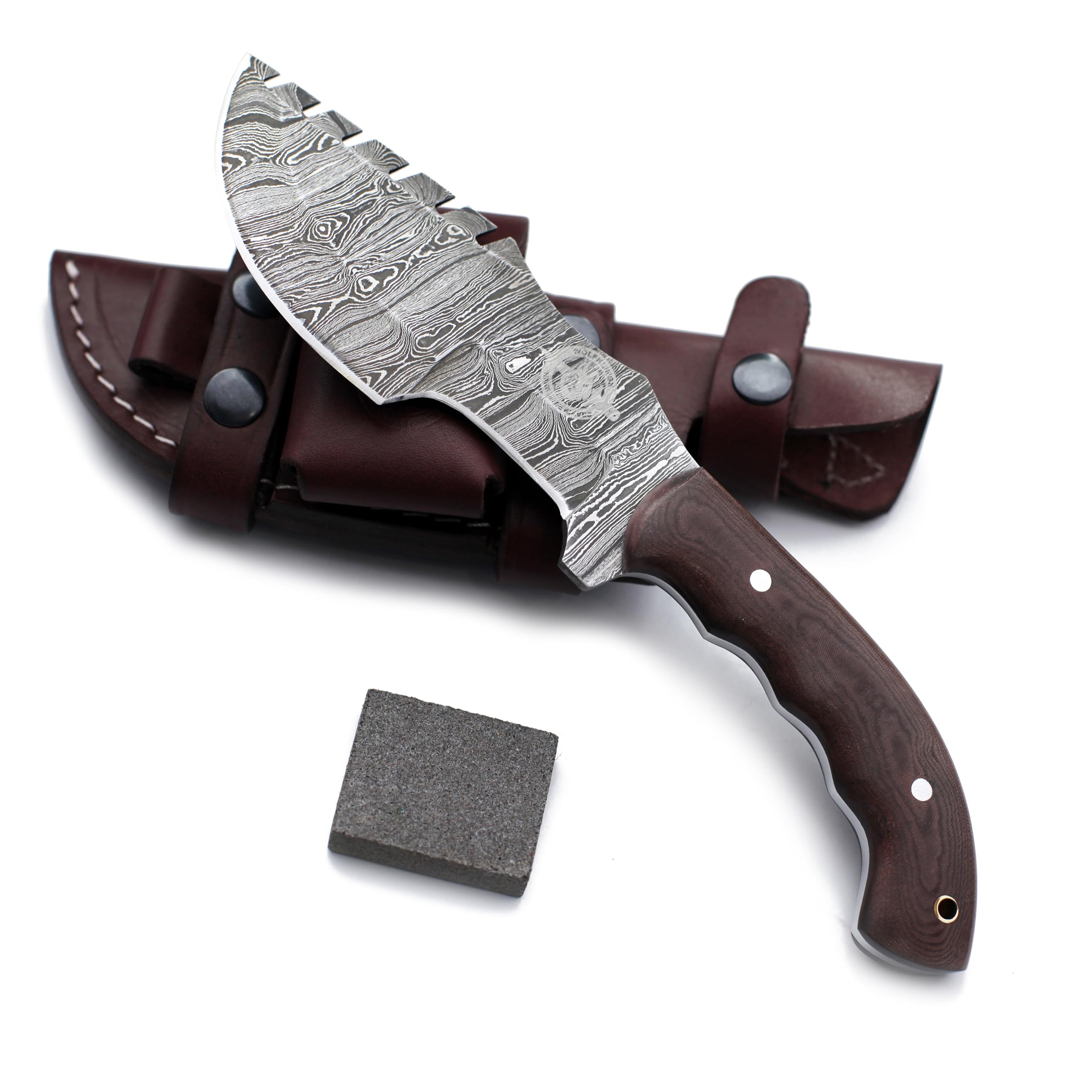 WolKlinge Handmade Damascus Steel Fixed Blade Traker Knife for Hunting,Survival,Camping,Bushcraft and Fishing with Sharping Stone Full Tang-Micarta Handle with Cowhide-Leather Sheath-DCX17-55