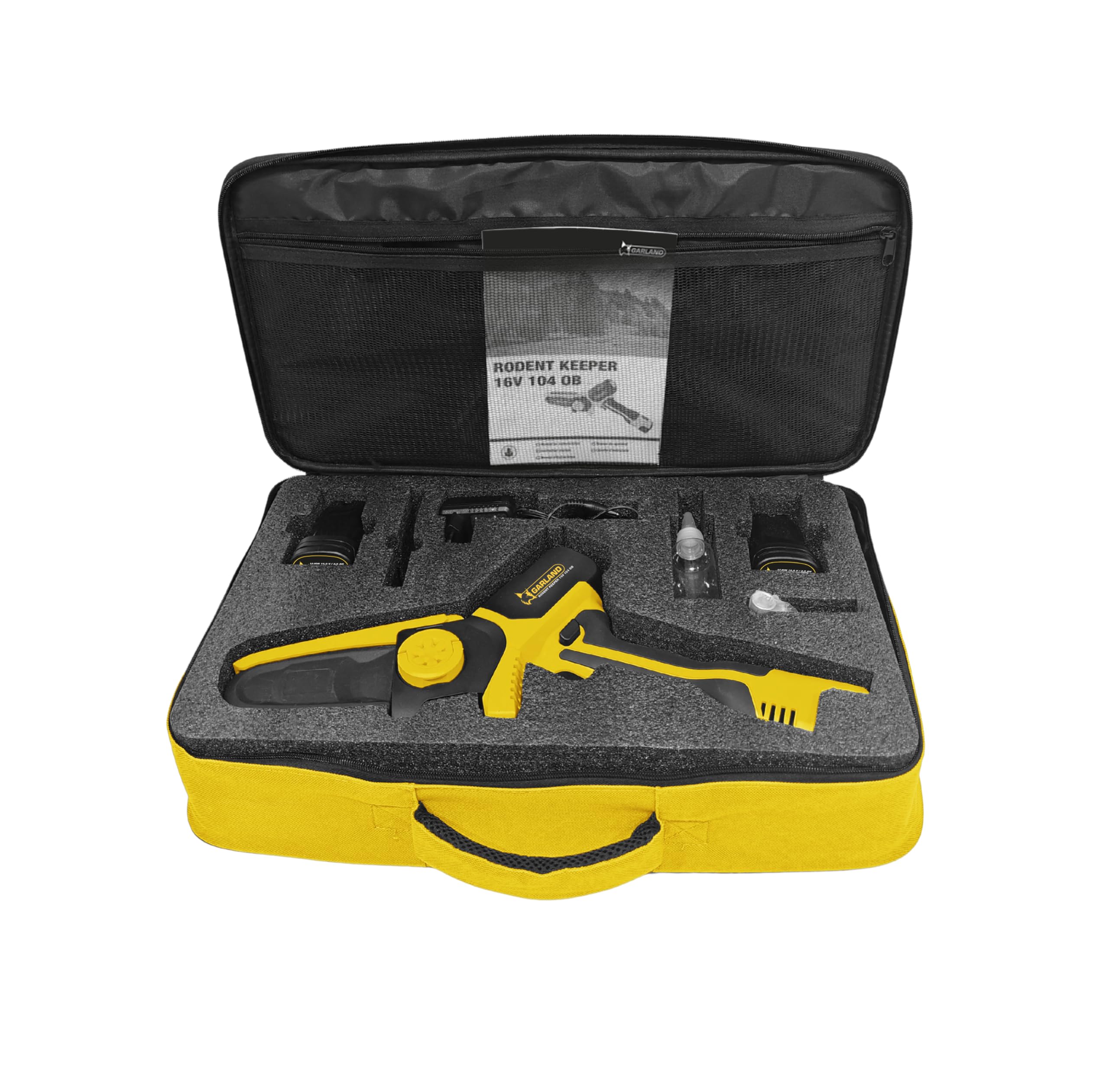 GARLAND RODENT KEEPER 16V 104 OB‑V25 – Minisierra a batería 16V con engrase automático, barra 4″, corte hasta 100 mm, ligera y portátil