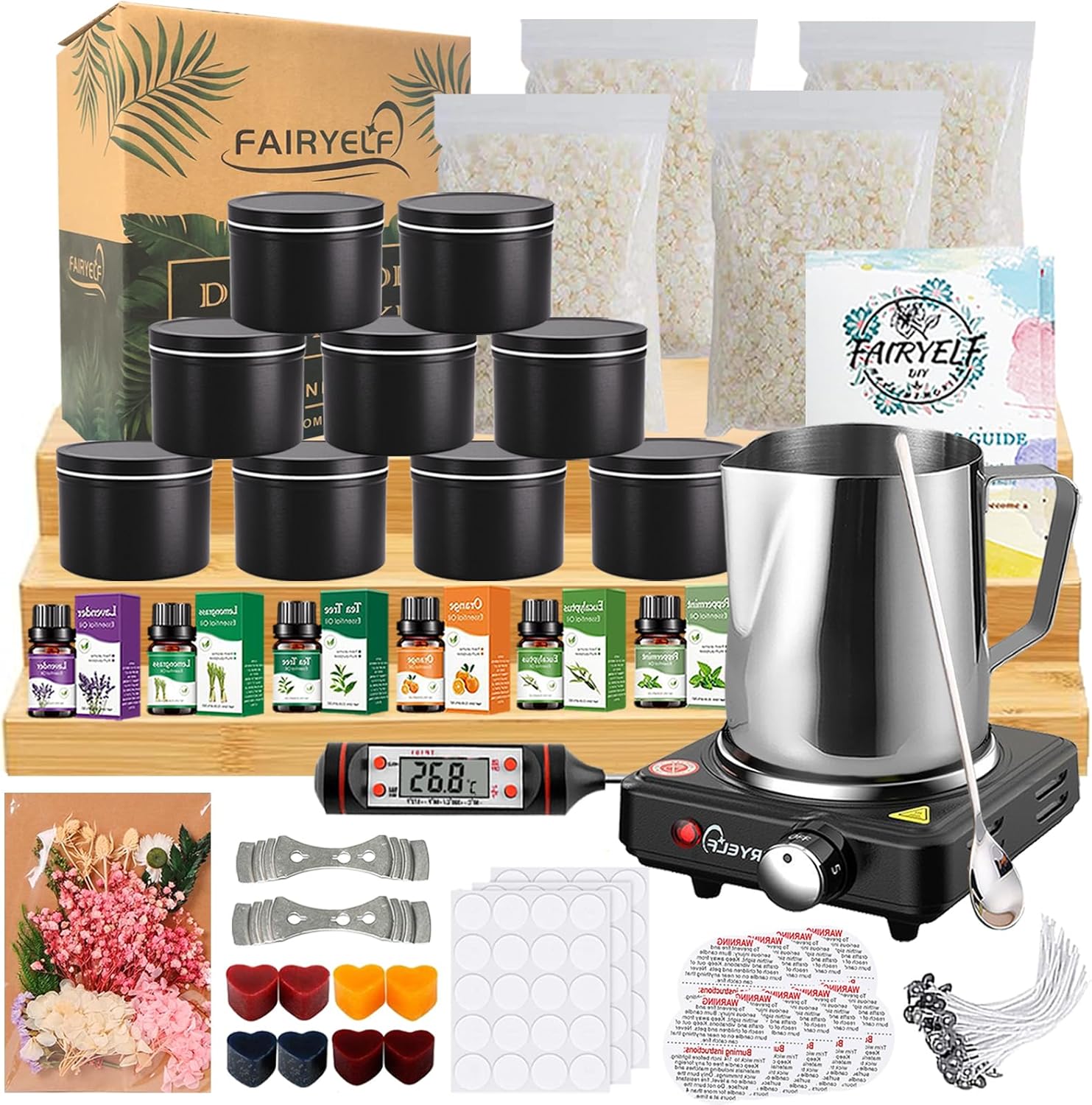 FAIRYELF Candle Making Kit with Wax Melter, Complete Candle Making Supplies, Soy Candle Wax Kit for Kids, Beginners, Adults, Including Electronic Stove, Soy Wax, Melting Pot, Rich Scents and Dyes Natural raw materials