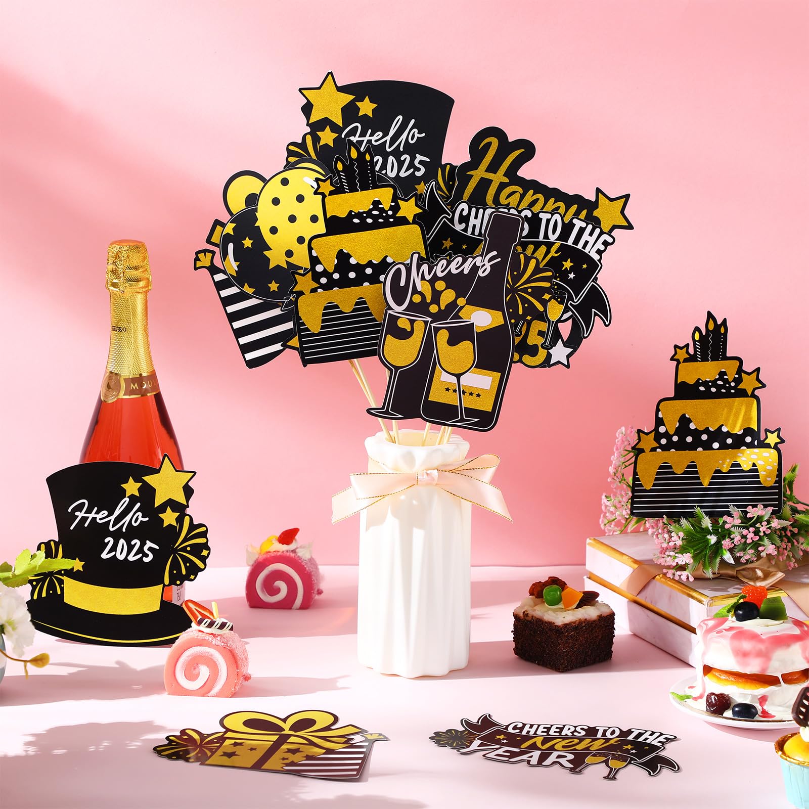 Relaxgiant 24 Pcs Happy New Year Table Decorations 2025 Centerpiece Sticks New Years Eve Toppers for Holiday Theme Party Hello 2025 Supplies