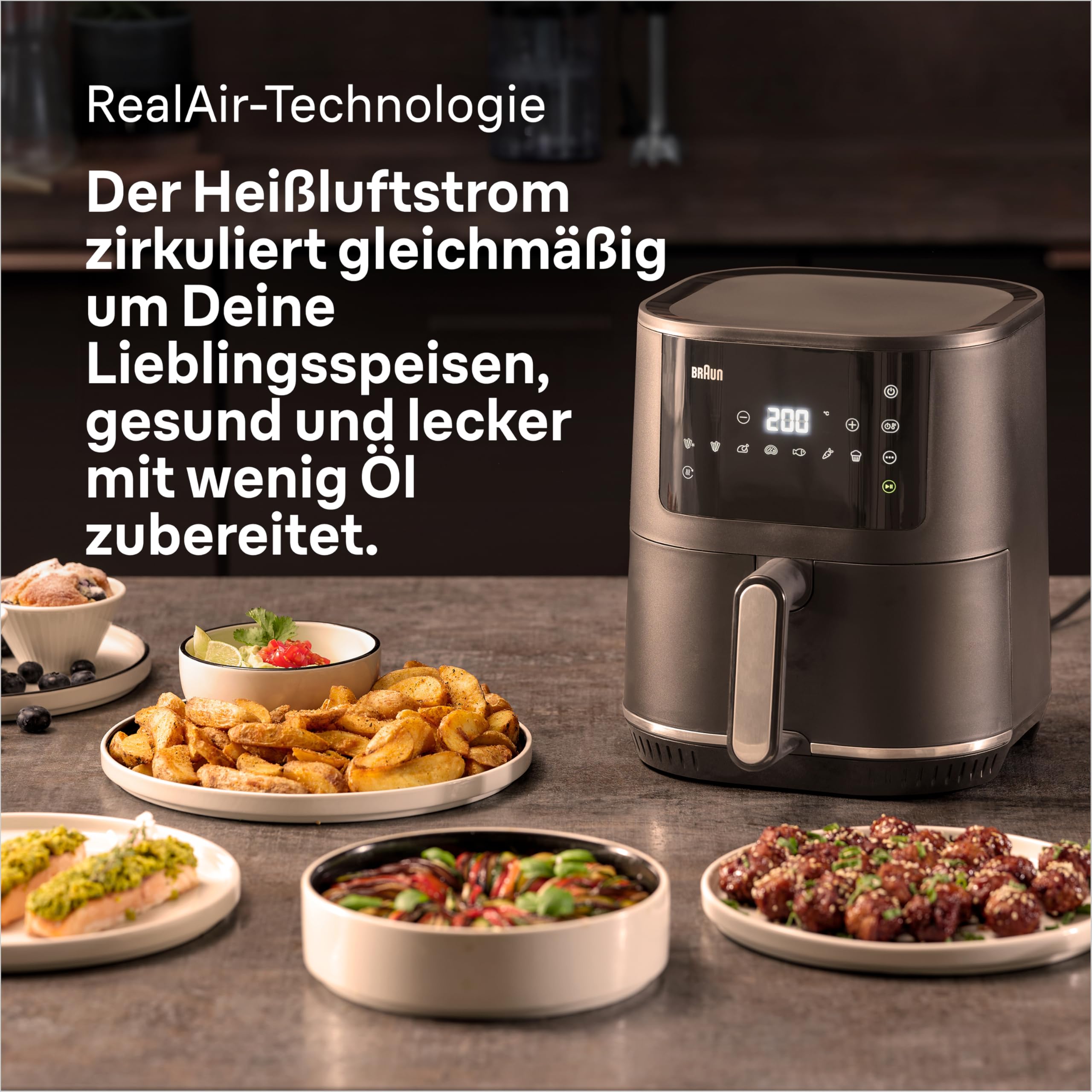 Braun Heißluftfritteuse MultiFry 3 HF 3030, 4,3 L, 1500W, digitale Temperaturregelung, 80-200°C, Timer, 8 Programme, Touch Control, Antihaftbeschichtung, Garkorb & Rost spülmaschinenfest, Schwarz