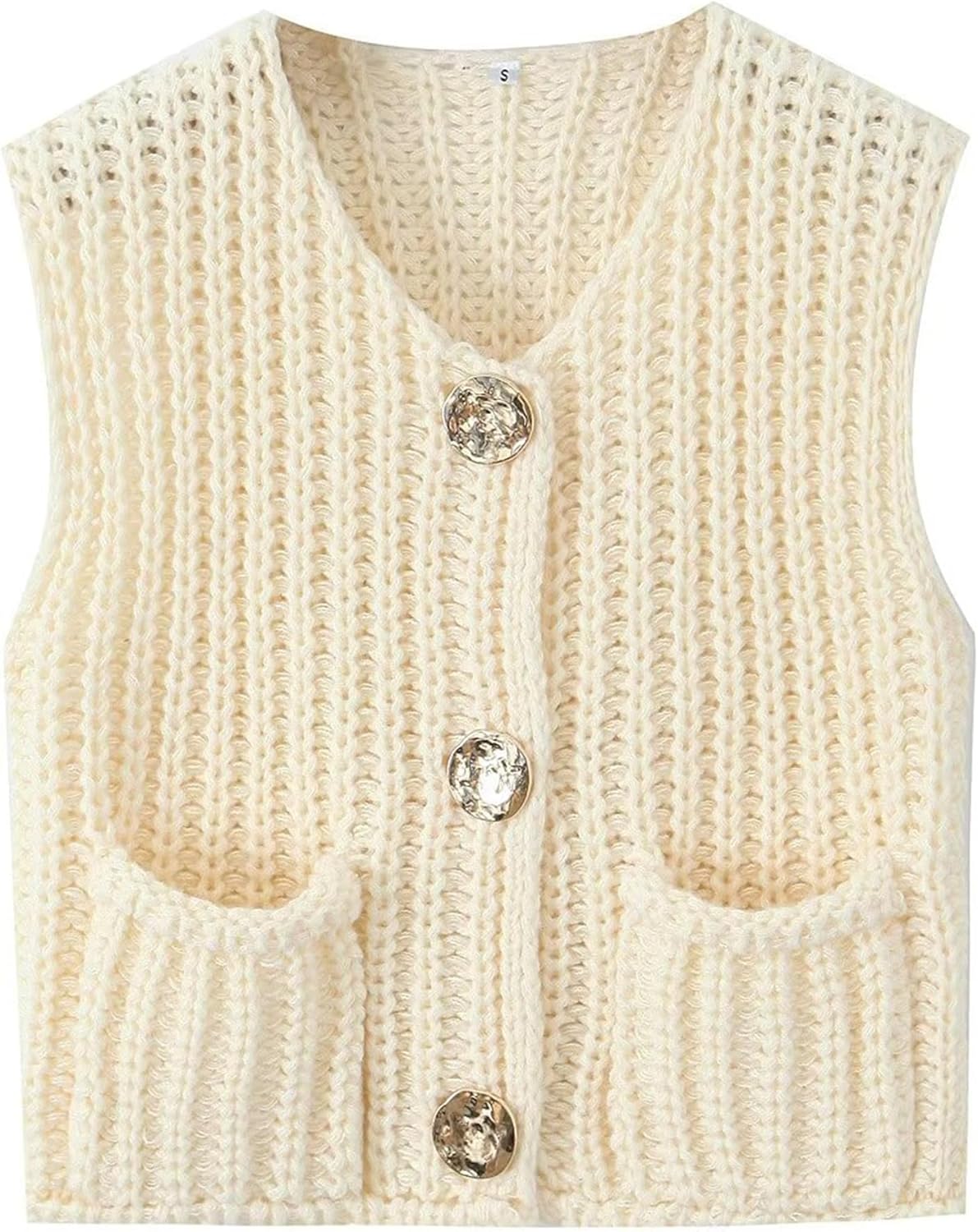 Women Crochet Knit Sweater Vest Button Up Cropped Casual Sleeveless Vest Fashion Vintage Cardigan with Pocket