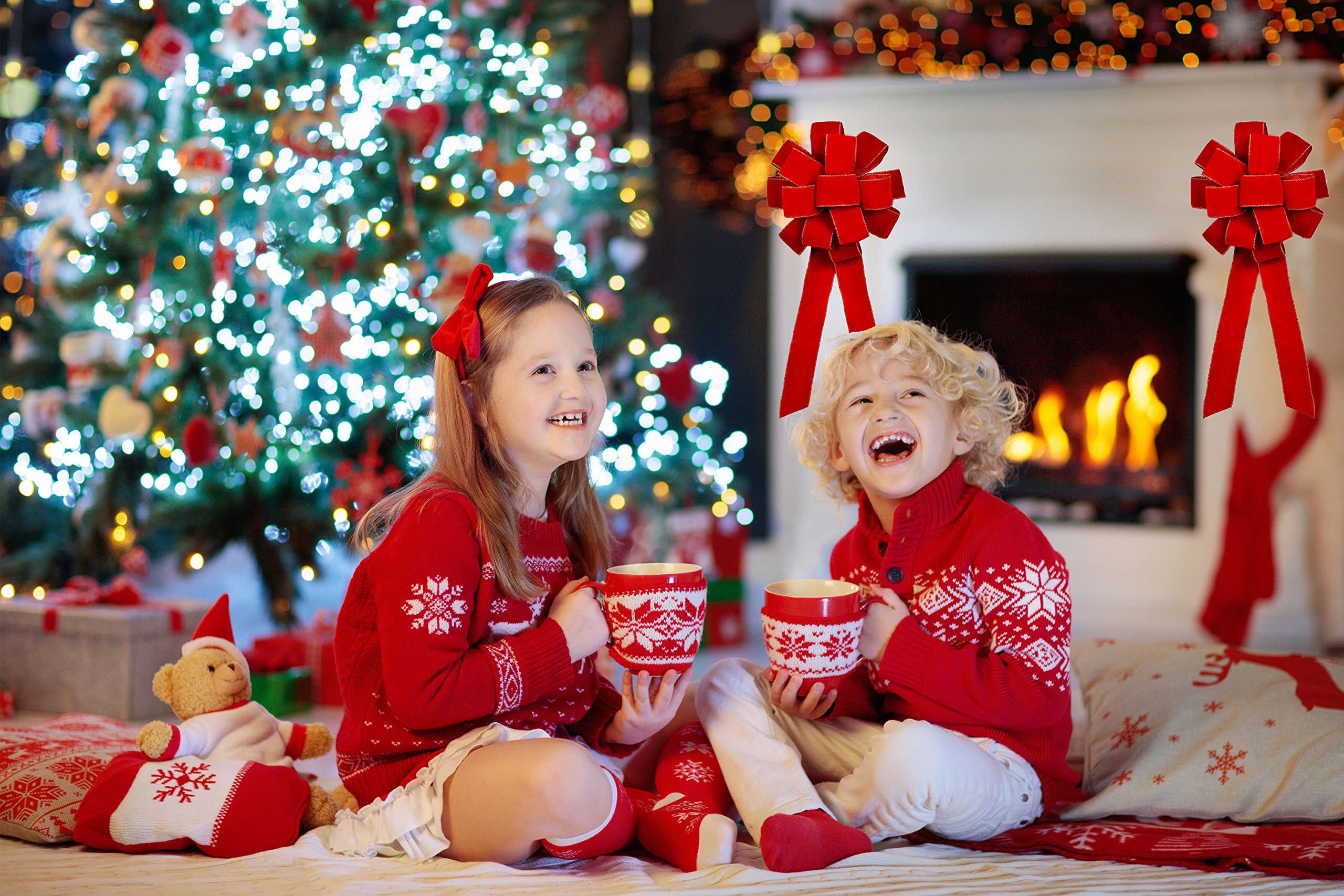 3 lazos de Navidad de terciopelo rojo con alambre dorado, hechos a mano (26 x 12 pulgadas), lazos de cinta grandes, decoración de árbol de Acción de Gracias, lazo de corona, decoración de árbol, lazos