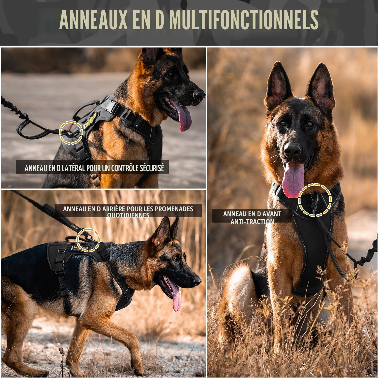 OneTigris Tactilite Harnais Tactique Durable pour Chien de Grande Taille, Anti-Traction, Harnais de Poitrine réglable sans Traction, avec 4 Anneaux en D, Bandes réfléchissantes, Noir, Taille XL