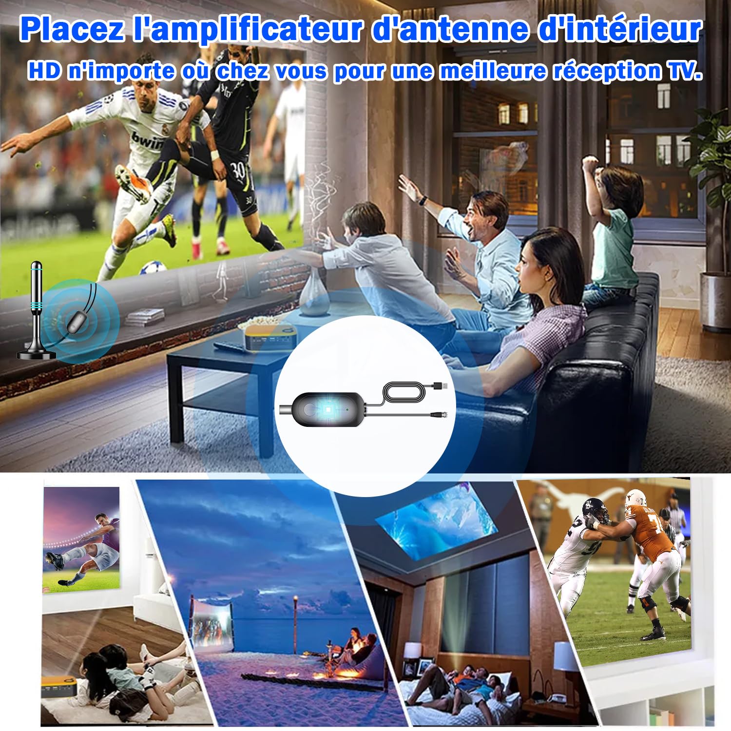 Amplificateur Antenne TV Booster Signal TNT DVB-T2 Compatible Télévision Numérique Full HD 4K UHD