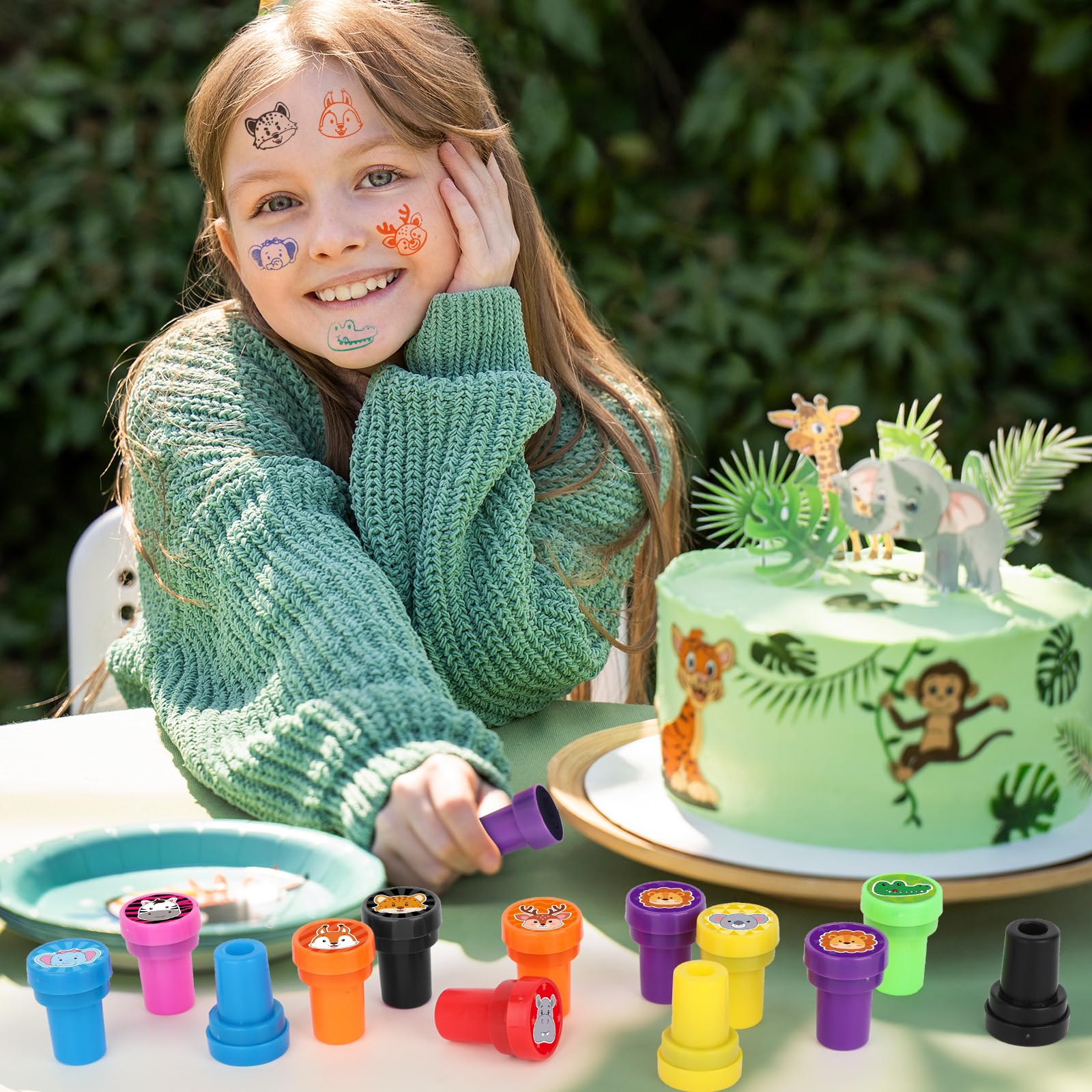 Hxezoc 24 Stück Safari-Dschungel-Tierdruck-Stempel, Mini-Stempel, bunt, selbstfärbend, Partyzubehör, sortiert, Stempel-Set für Klassenzimmer, Party, pädagogische Lernaktivitäten
