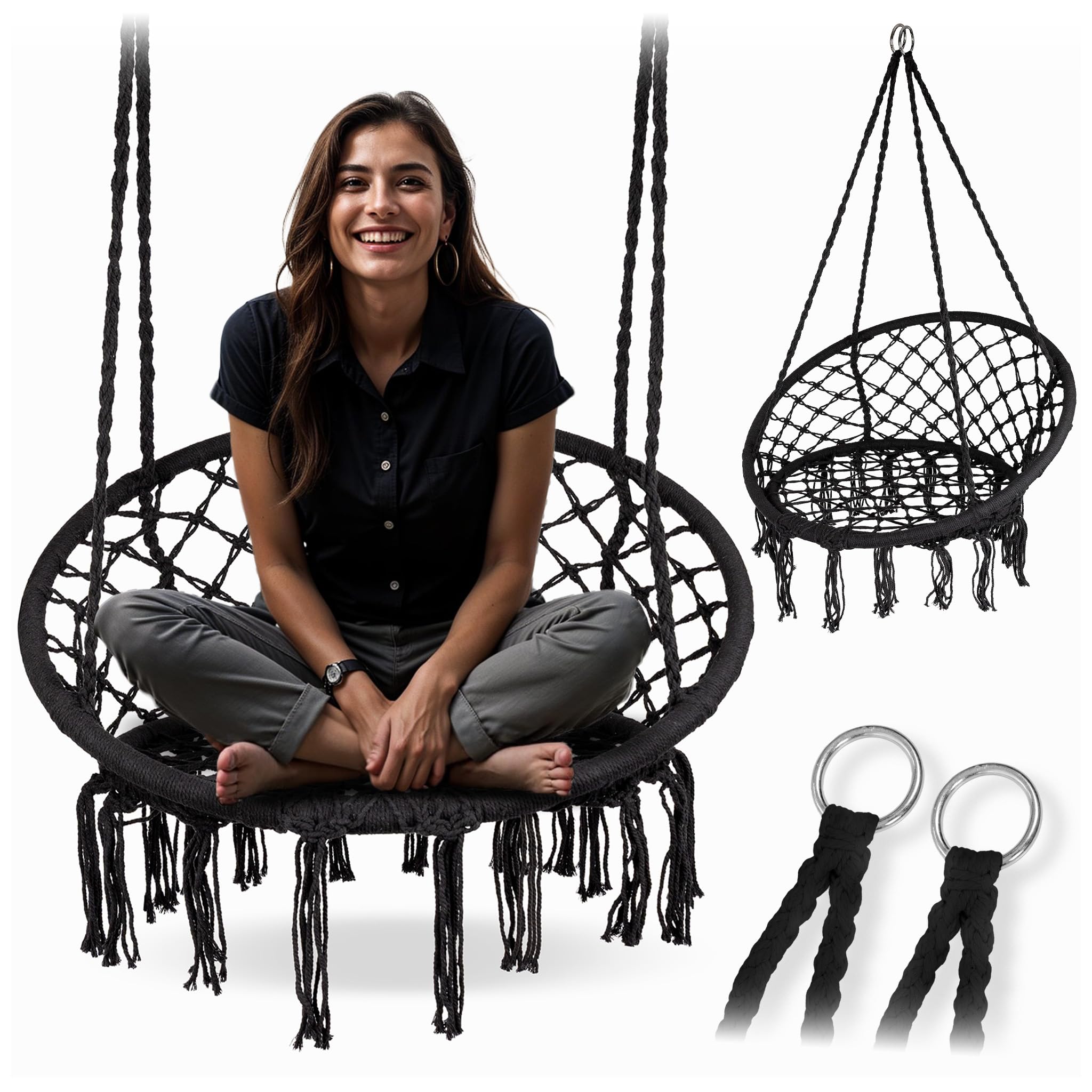Poltrona Sospesa Boho Corda Macramè Nera 150 kg Seduta Ergonomica Sedia Amaca Rotazione 360°