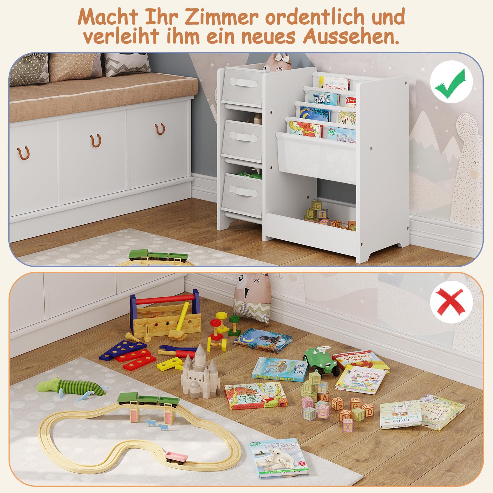 Lestarain Kinderzimmerregal, Spielzeug-Organizer, Regal für Kinderzimmer Spielzimmer, mit 3 Aufbewahrungsboxen 4 Hängefächern 1 Fach, aus Massivholz MDF, Weiß, 65x60x30 cm (BxHxT)