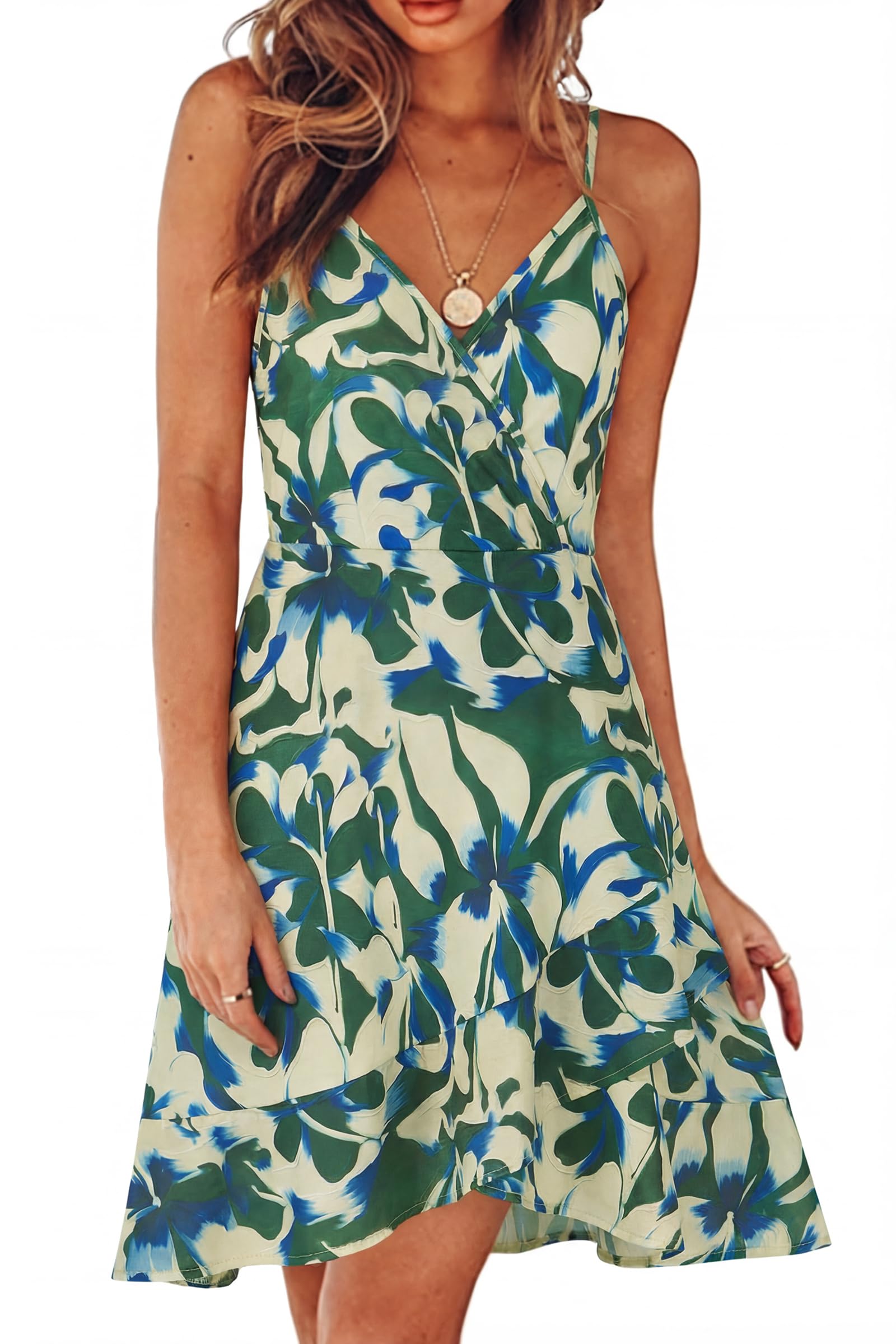ULTRANICE Womens Summer Dresses Floral V Neck Ruffled Hem Spaghetti Spring Casual Beach Outfits Flowy Wrap Sun Dress