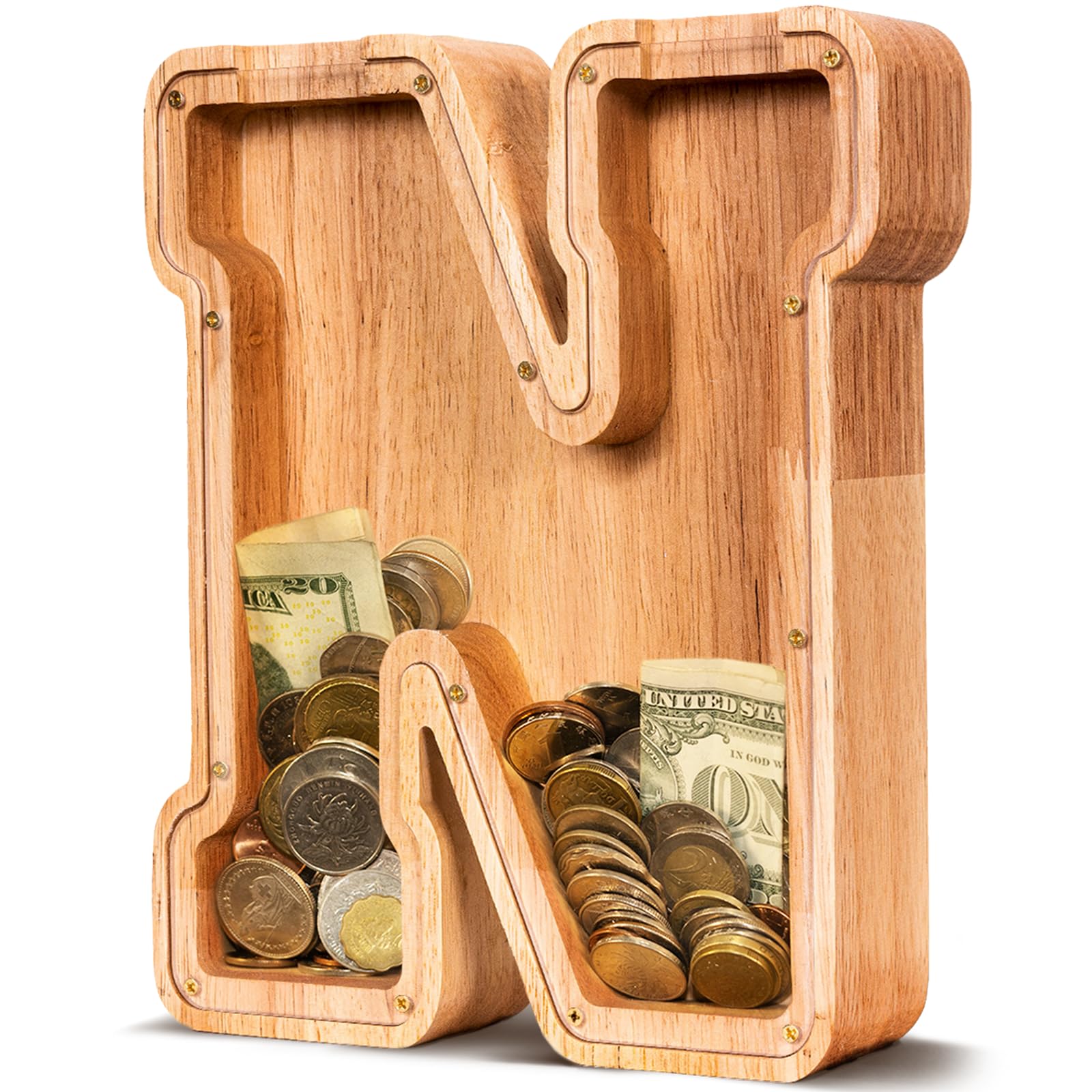 ELX Wooden Piggy Bank for Kids Boys, Personalized Letter Money Bank, Safe & Durable Savings Box for Toddlers Girls, Gifts for Birthday Holiday