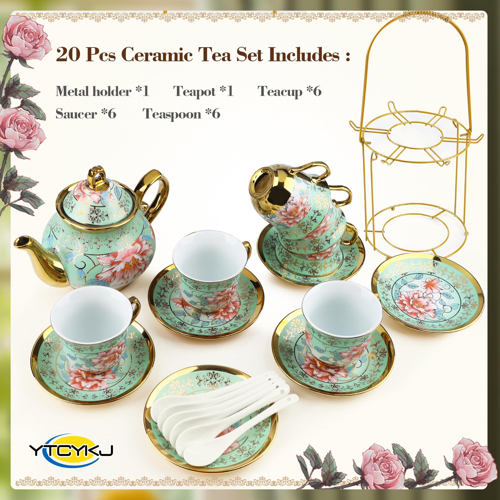 Serwis do herbaty, 20-częściowy, porcelanowy zestaw do herbaty w stylu vintage, z metalowym stojakiem, motyw kwiatowy i złota krawędź, dzbanek do herbaty 700 ml i filiżanki do herbaty 160 ml | Wzornictwo vintage z motywem kwiatowym i metalowym stojakiem.