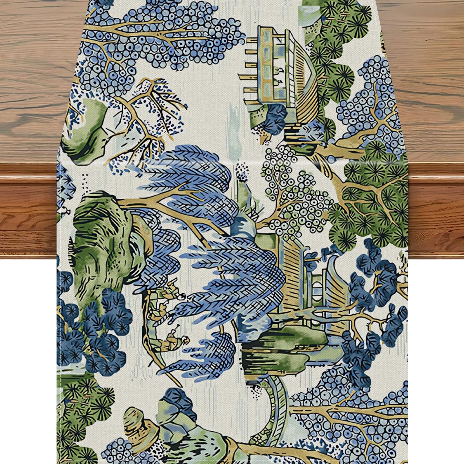 Snylcce 13x108 Inch Chinoiserie Vintage Table Runner - Elegant Mountain Spring&Summer Design for Farmhouse Kitchen & Dining Table Decor - Perfect for Seasonal Home Parties