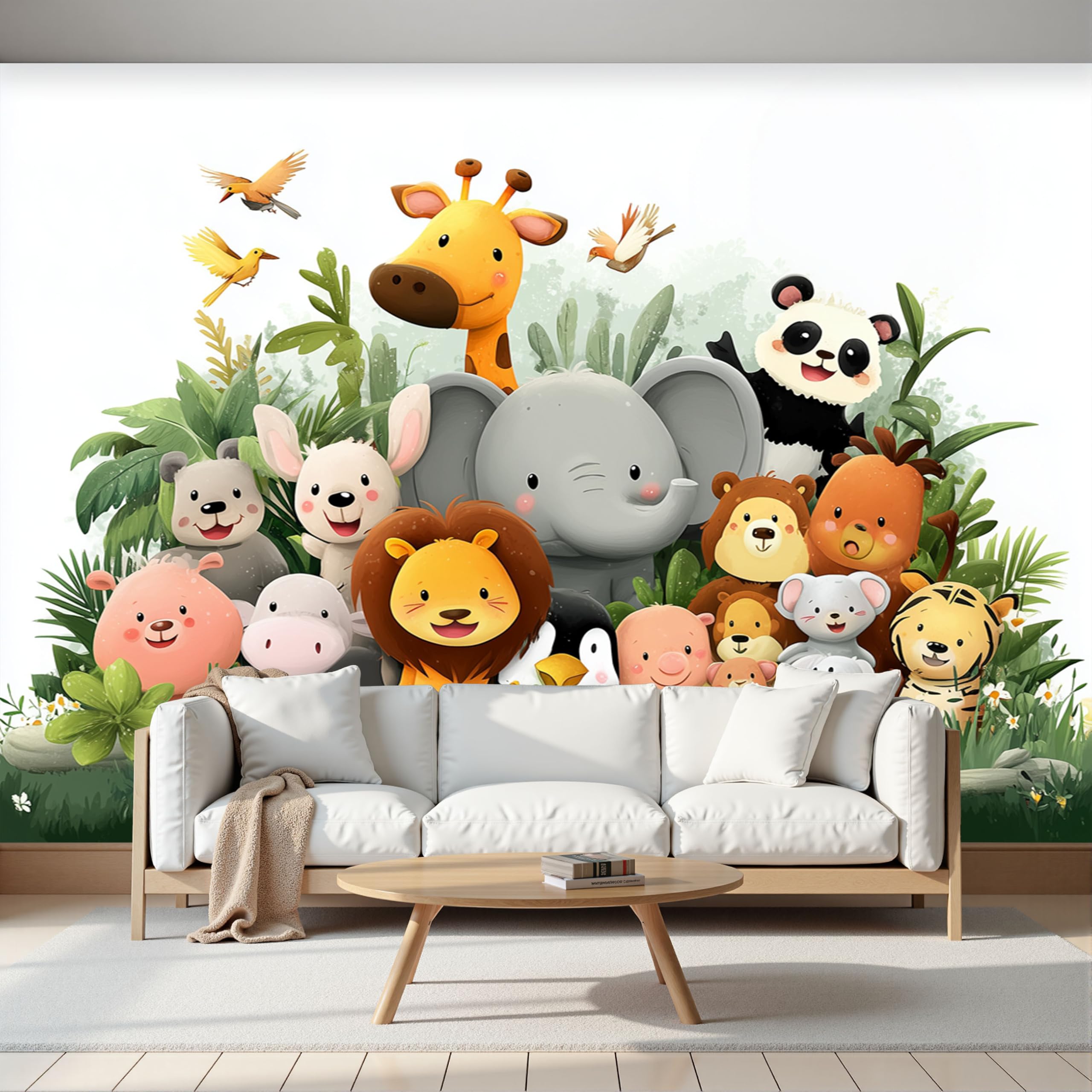 Papier peint panoramique animaux de la forêt pour rénover un grand mur blanc de chambre