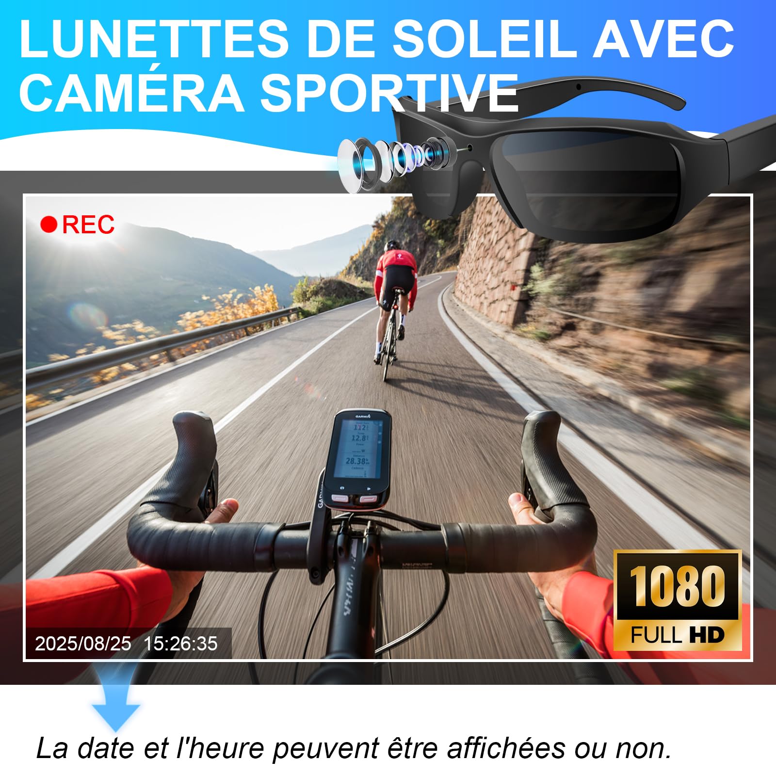 Lunettes de Soleil Sport Mini Caméra, HD 1080P Mini Caméra d'Action | 32GB Lunettes de Soleil Sport Caméra d'Action pour la Randonnée, l'équitation l'Enregistrement d'Activités en Plein Air
