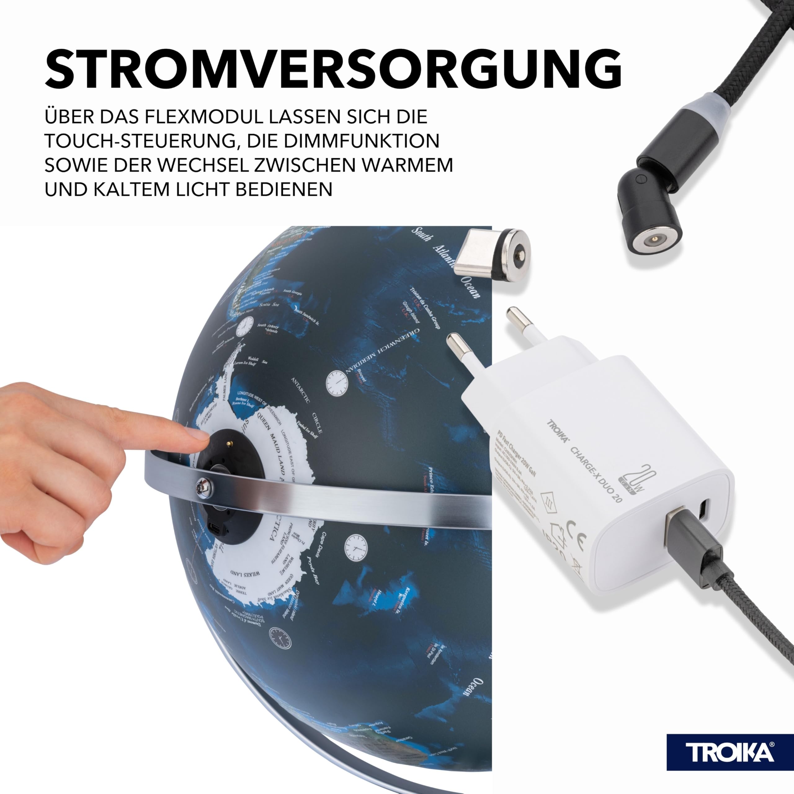 TROIKA Globo terráqueo iluminado con City Lights 30 cm JURI CITY LIGHT FLEX sobre base de metal cromado con dos ejes móviles y módulo de lámpara recargable Sompex de plástico y metal en azul, verde
