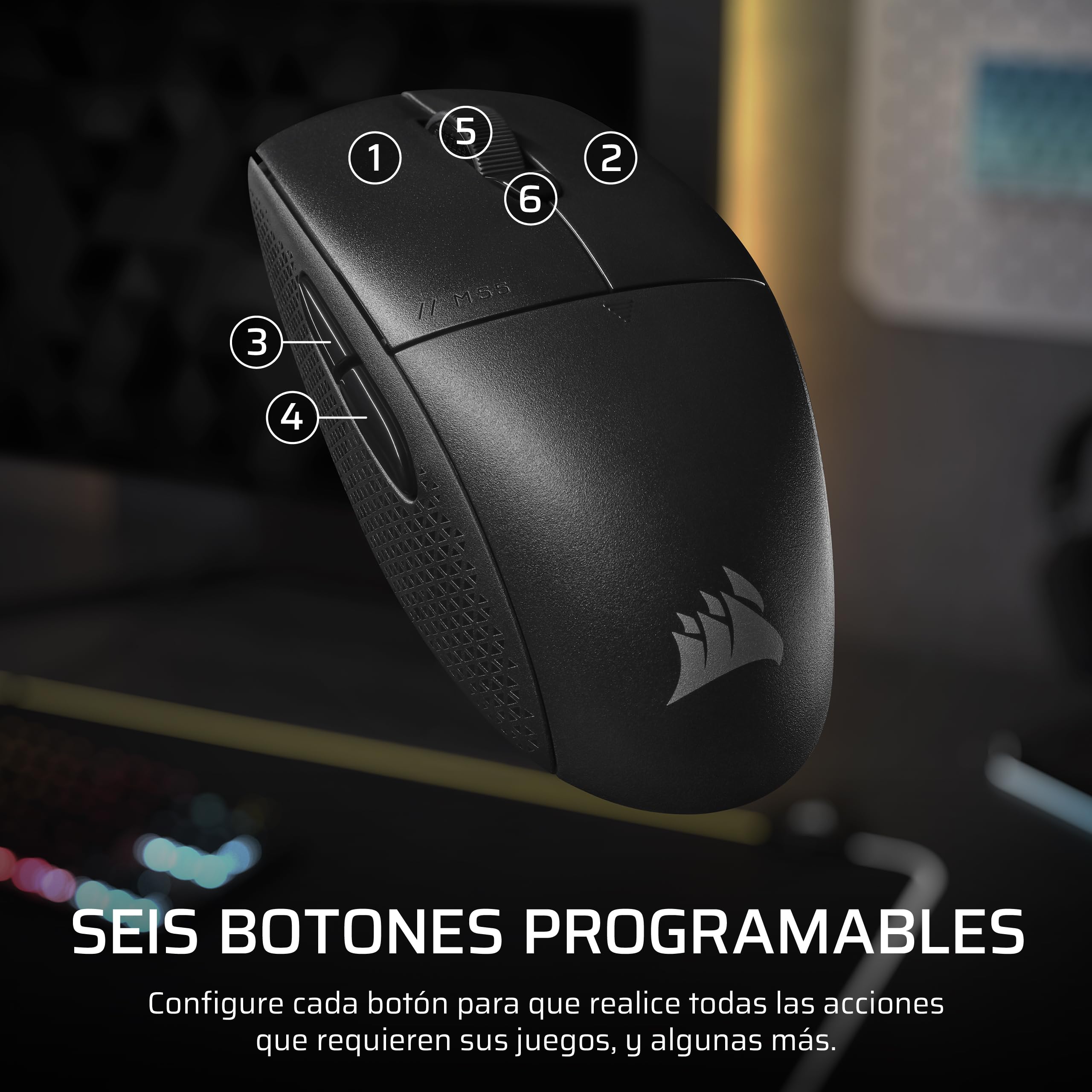 Corsair M55 Wireless Ratón Ligero para Juegos FPS – Negro | 2.4GHz & Bluetooth, 24,000 PPP, Batería de Larga Duración, Seis Botones Programables, Empuñaduras Laterales Texturizadas