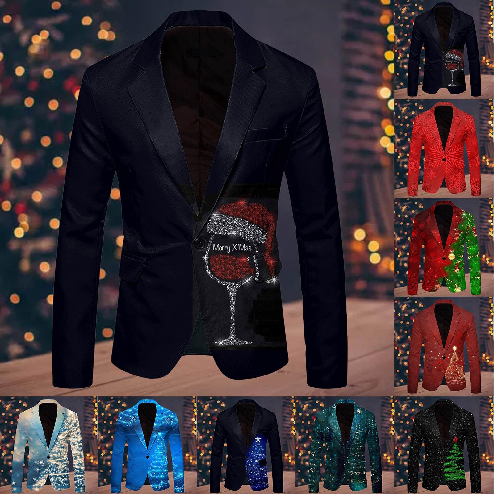 pvucpot Giacca natalizia da uomo, slim fit, bottone, in varie stampe, feste, blazer, risvolto slim fit, blazer con stampa bicchiere di vino rosso Print Jacket Xmas