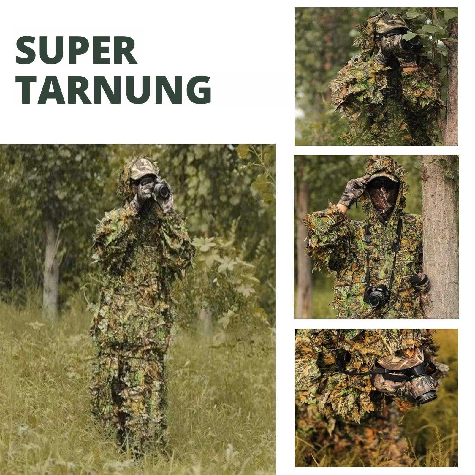 Favuit 3D Ghillie Tarnanzug, Dschungel Kostüm Ghillie Suit Camouflage Anzug Woodland Tarnkleidung für Buschjagd Tierfotografie Jagd Verdeckt Festschmuck