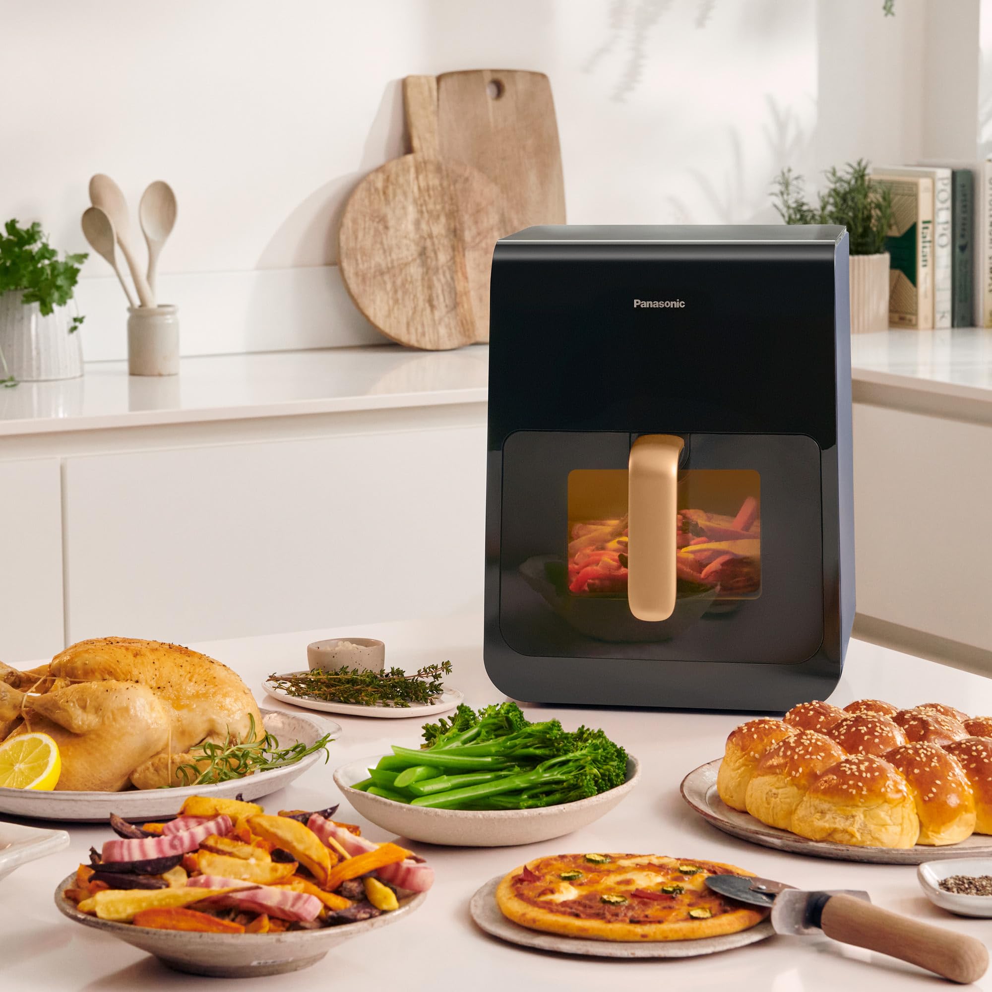 Panasonic NF-CC600AXE Friggitrice ad Aria con Finestra trasparente resistente, 6L, 80-200°C, Timer Digitale e LCD, Vapore Delicato, 11 Programmi, Facile Pulizia, Maniglia Nero/Blu Scuro e Oro Rosa