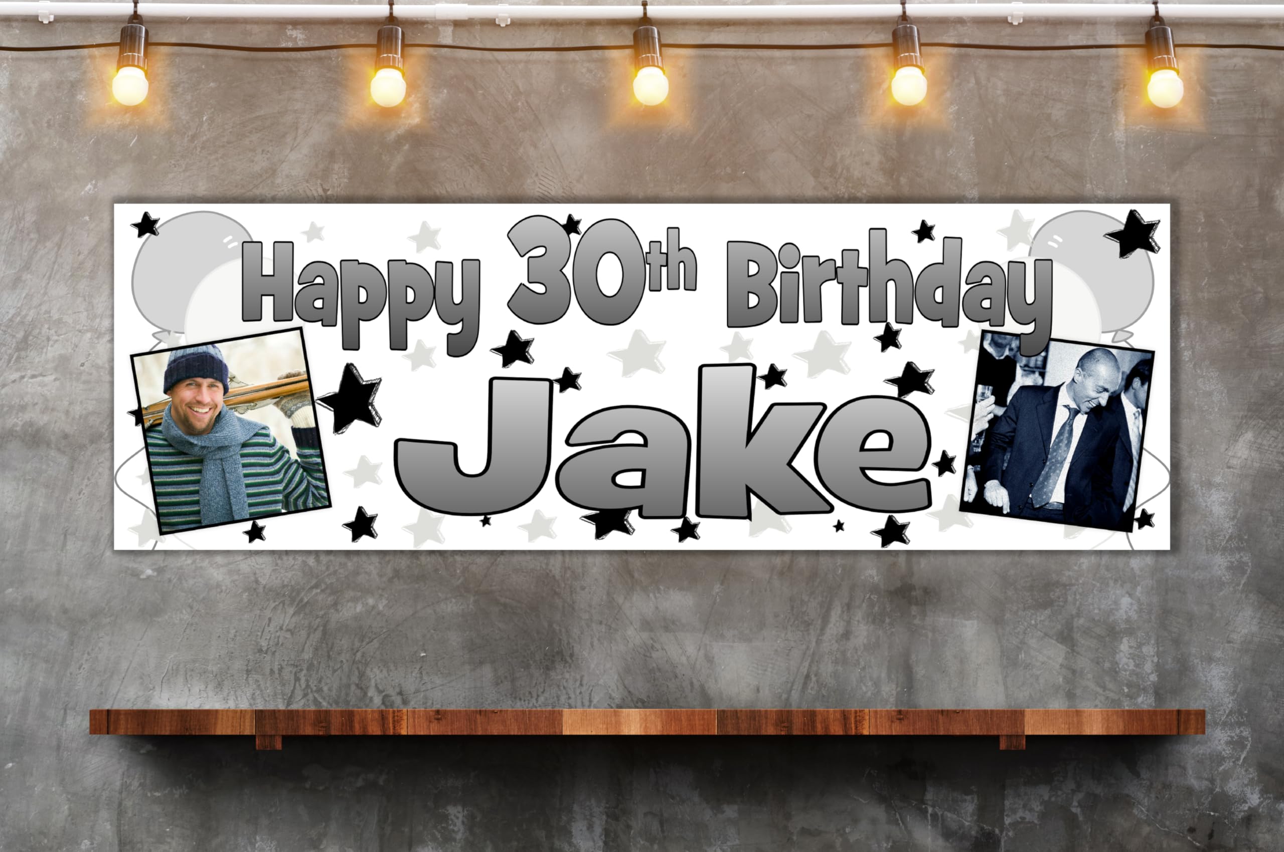 Large 6ft Personalised Black and Silver Happy Birthday Banner with Photo for Men Women Boys Girls Any Name and Age Party Decorations for 13th 18th 21st 30th 40th 50th 60th 70th 80th