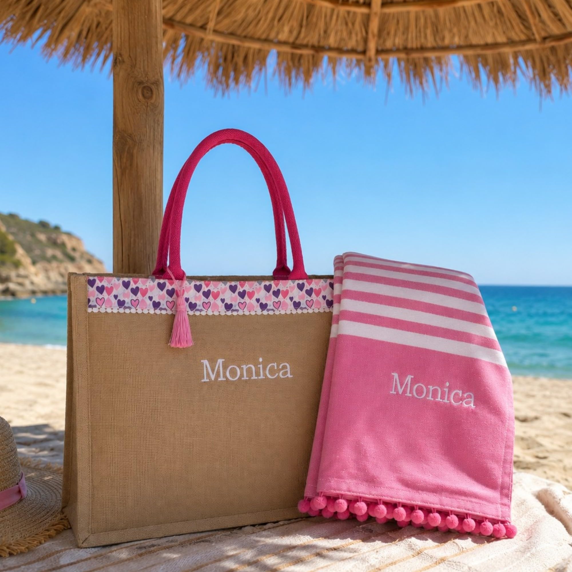 Borsa spiaggia e telo mare personalizzate con ricamo. Set 2 pezzi, borsa mare e telo da donna.