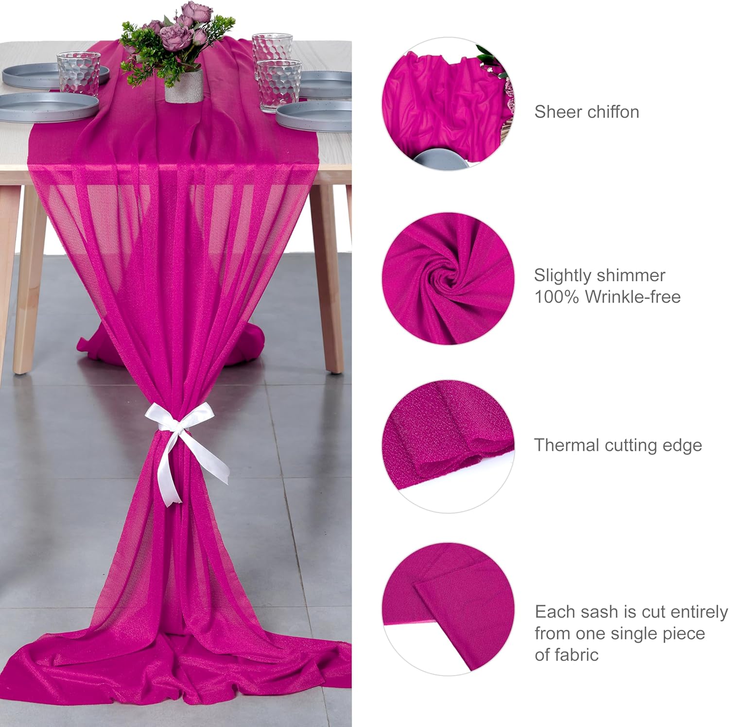 MDS 10 Pack 10ft Chiffon Table Runner 29 x120 Inches Sheer Wedding Runner Romantic Rustic Table Runner for Wedding Decorations, Birthday Parties, Bridal Shower Party Arch Decor - Magenta