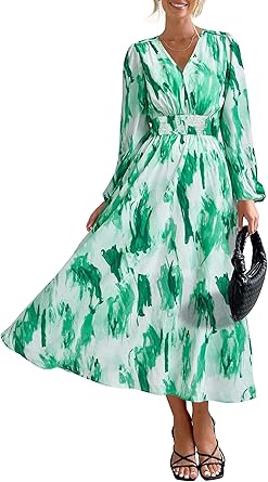 PRETTYGARDEN Women's Floral Midi Dress Casual Fall V Neck Long Sleeve Flowy Spring Beach Wedding Guest Vacation Dresses
