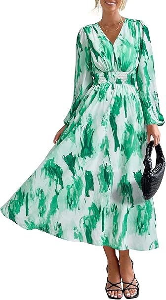 PRETTYGARDEN Women's Floral Midi Dress Casual Fall V Neck Long Sleeve Flowy Spring Beach Wedding Guest Vacation Dresses