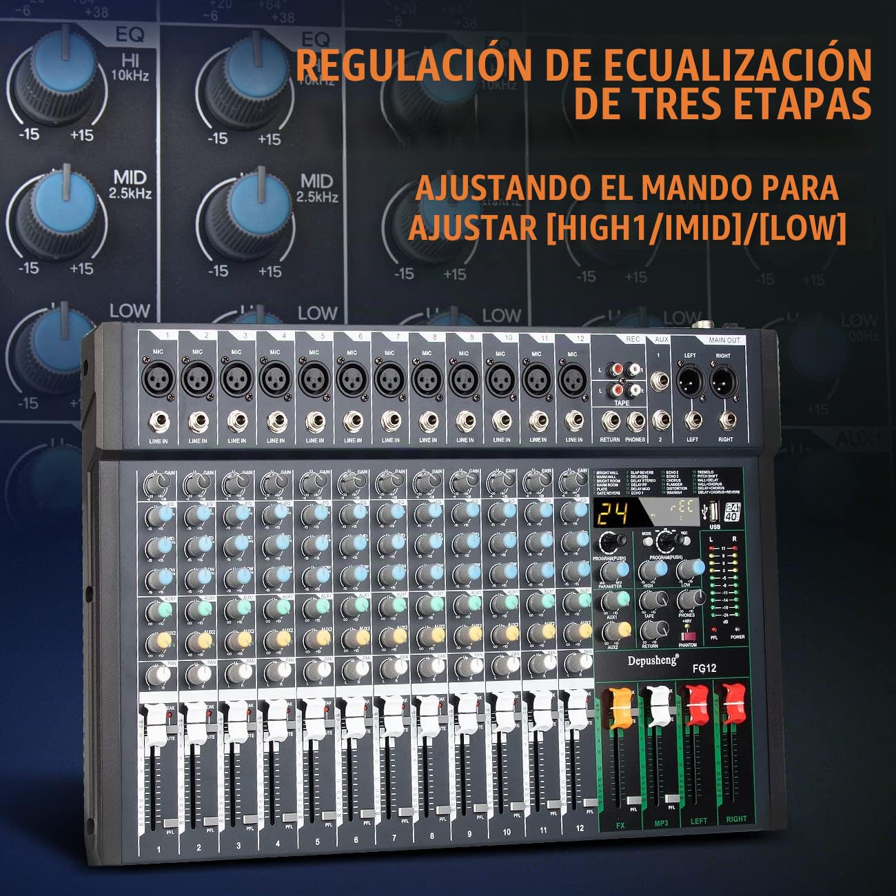 Depusheng FG12 Mezclador de audio profesional de 12 canales para la interfaz de sonido de grabación de computadora, interfaz de controlador de sonido, incorporado 24 DSP Effect con 48V Phantom Power
