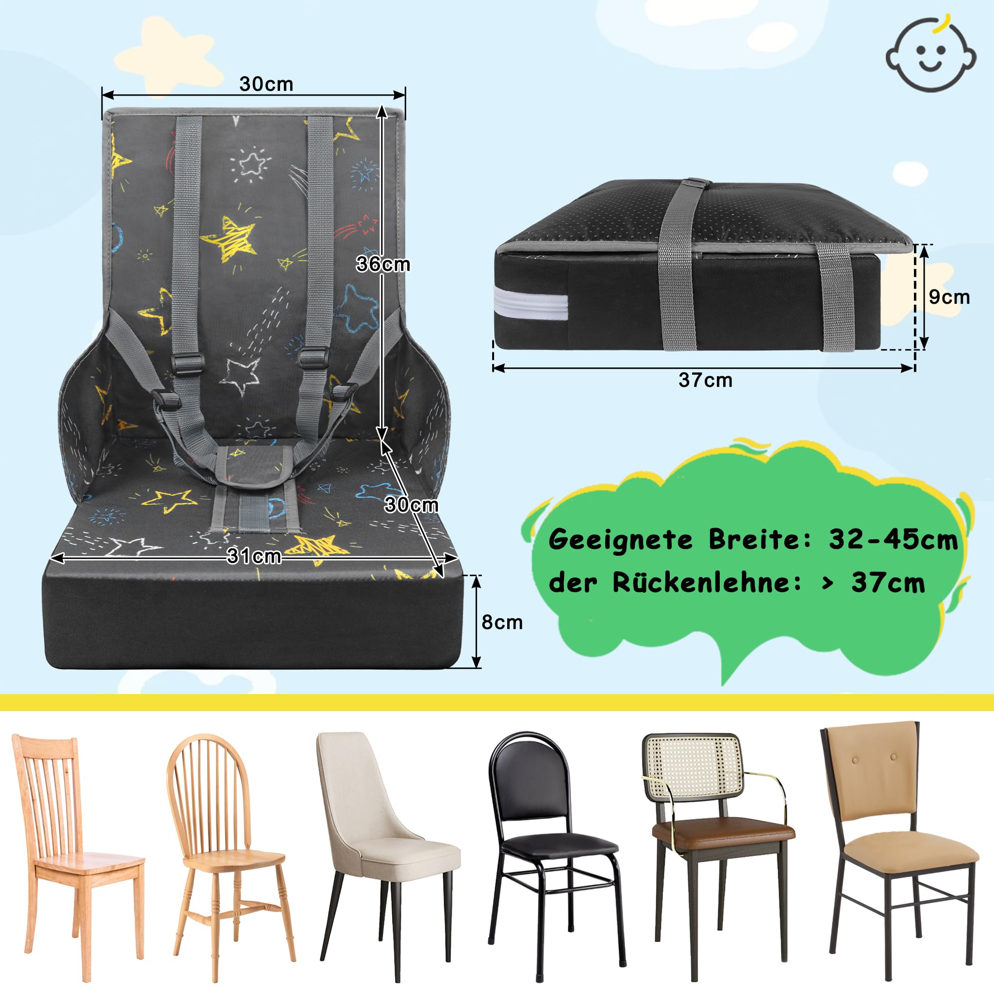 NAIZY Sitzerhöhung Stuhl Kind Kindersitzerhöhung Sitzkissen mit Faltbar Rückenlehne und Dreipunktsicherheitsgurt, Schwämme Boostersitz für Stuhlerhöhung Kinder Baby Essen Stuhl, Grau