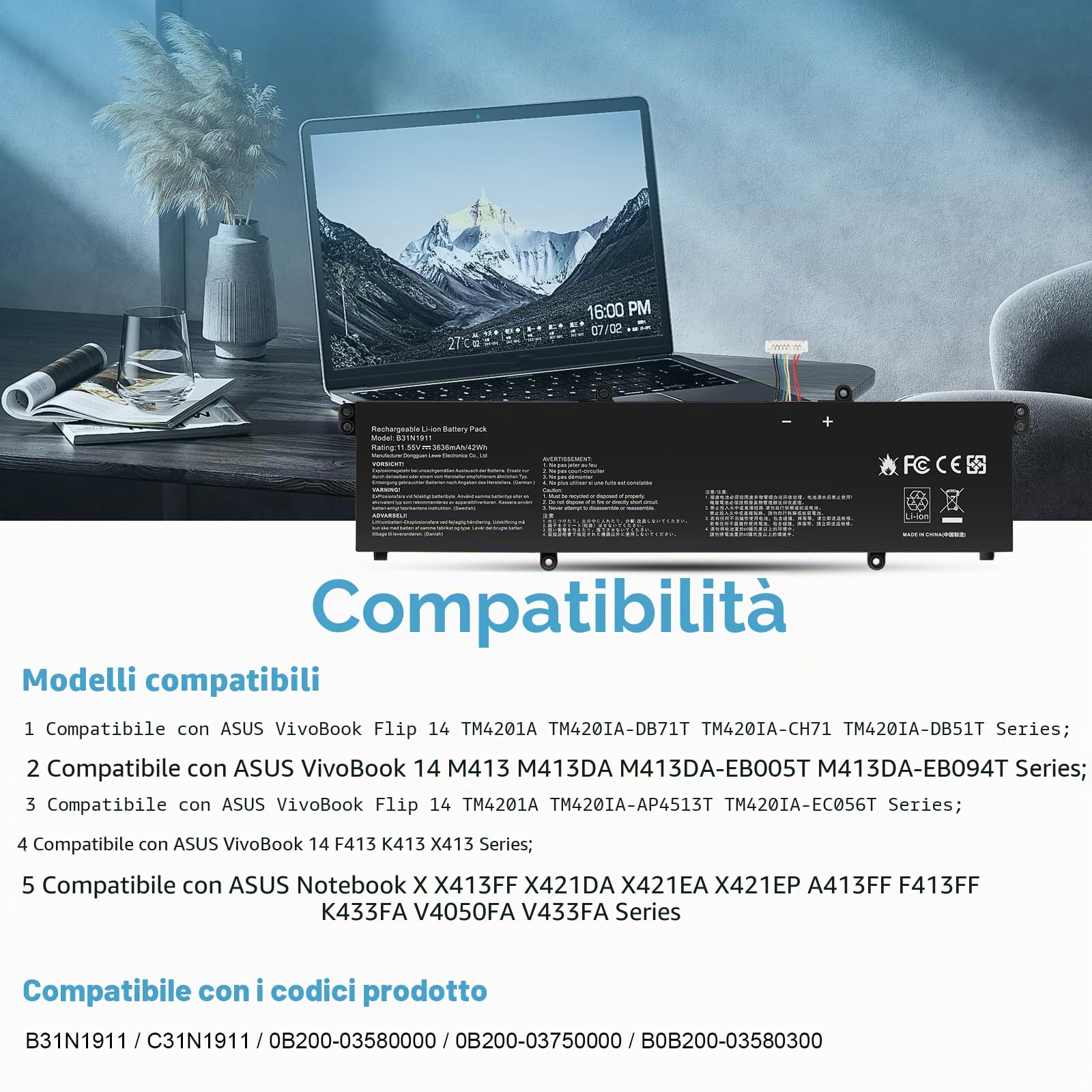 ASUNCELL 11.55V/42Wh B31N1911Batteria del Computer Portatile per ASUS VivoBook Flip 14 TM420IA, ASUS VivoBook 14 M413, ASUS VivoBook 14 F413, ASUS Notebook X X413FF Series B31N1911 C31N1911