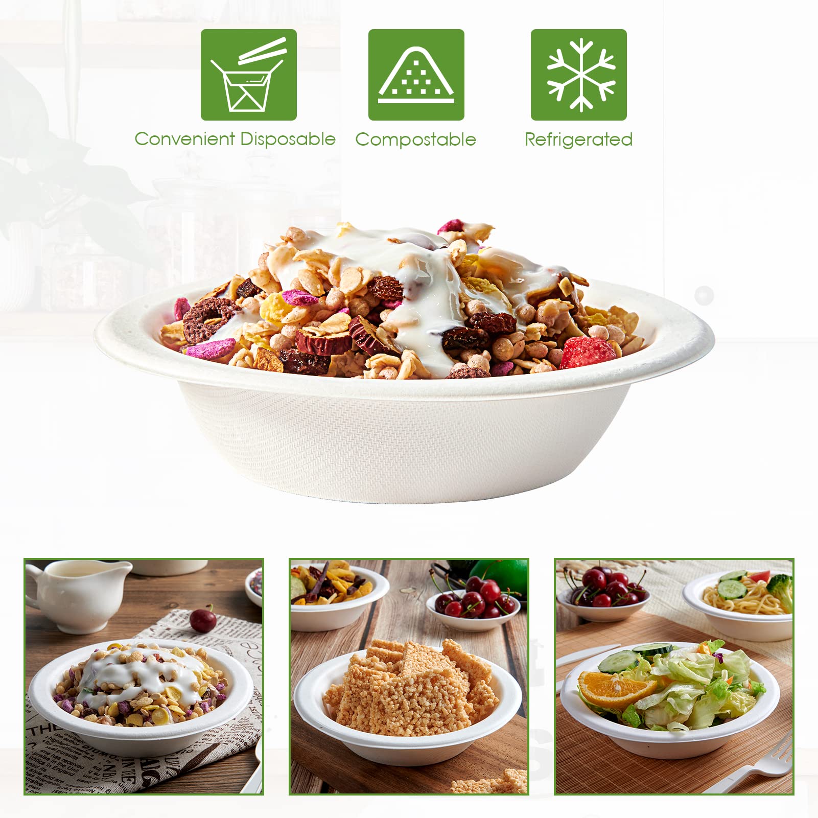 200 Stück 340 ml Papierschalen, kompostierbare Einweg-Schüsseln, umweltfreundliche Bagasse-Schalen, robuste Schüsseln, perfekt für Milch, Müsli, Snacks, Salate