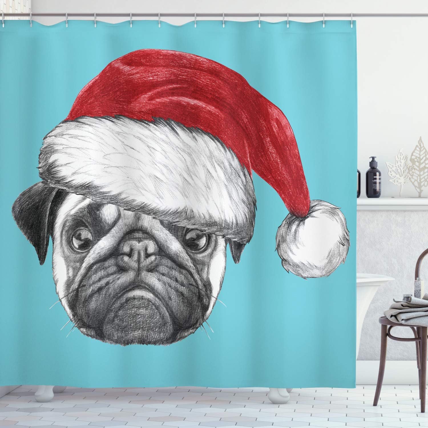 Ambesonne Pug Shower Curtain, Dog Portrait with Santa Hat Christmas Imagery Fun Illustration on Blue Background, Fabric Bathroom Decor Set with Hooks, 69" W x 70" L, Blue Ruby Grey