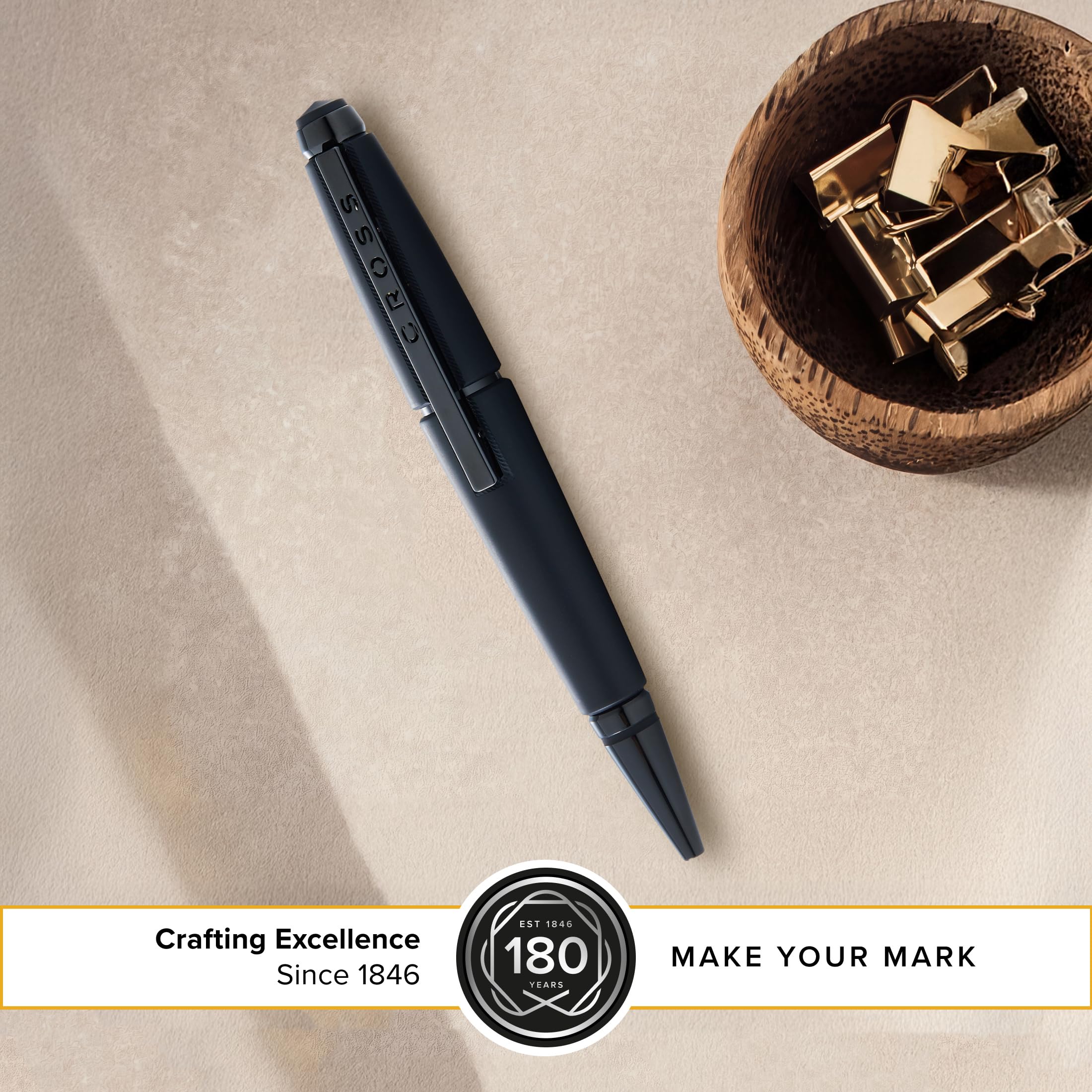 Cross Edge Stylo roller (épaisseur de trait M, couleur de l'encre : noir, rechargeable, avec coffret cadeau haut de gamme) Noir mat