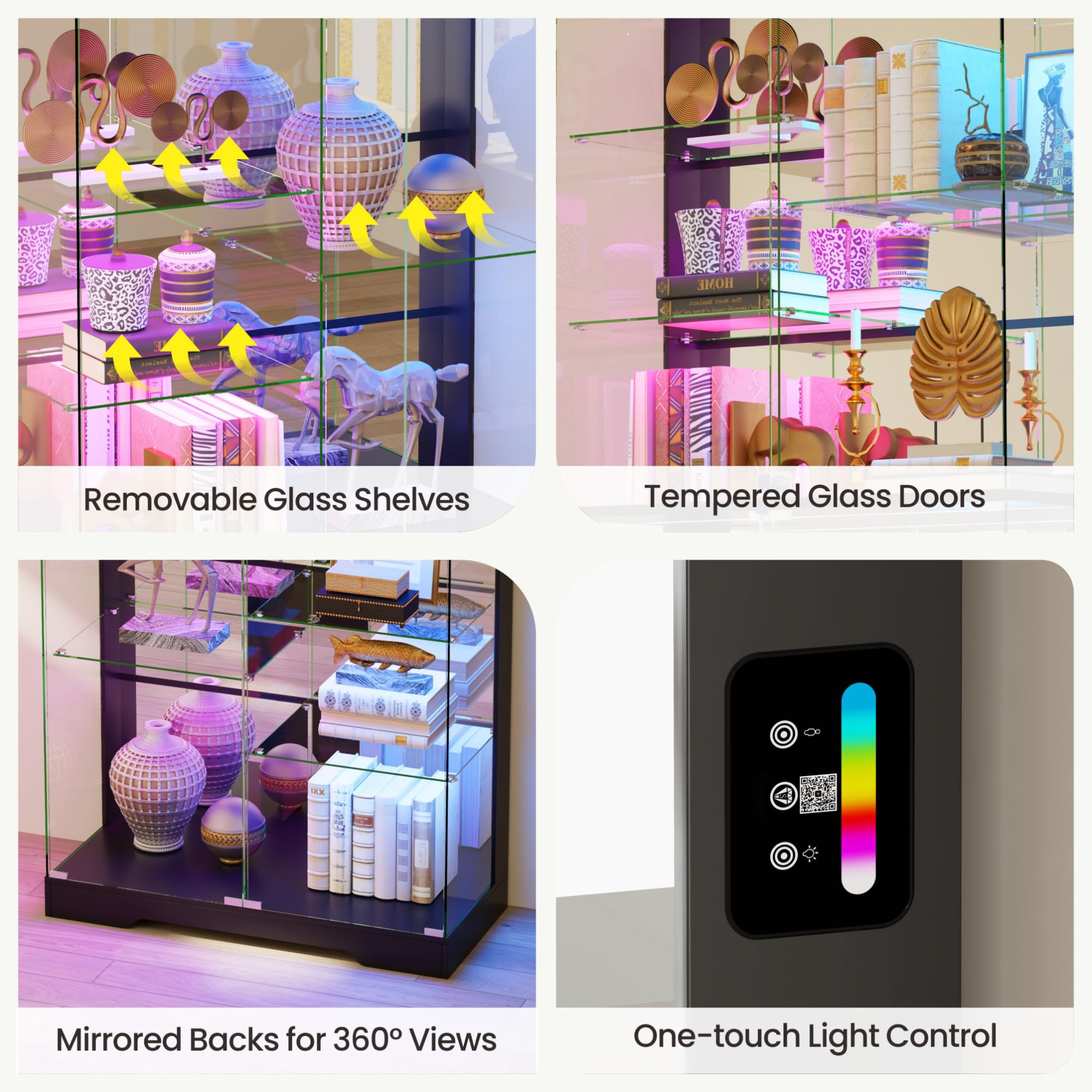 Lvifur Glasvitrine mit LED Beleuchtung und Glastüren für Wohnzimmer Schlafzimmer,35×78×180cm 5-Lagen Vitrinenschrank Vitrine mit Intelligente Sensorik für Sammlerstücke,Wein,Black