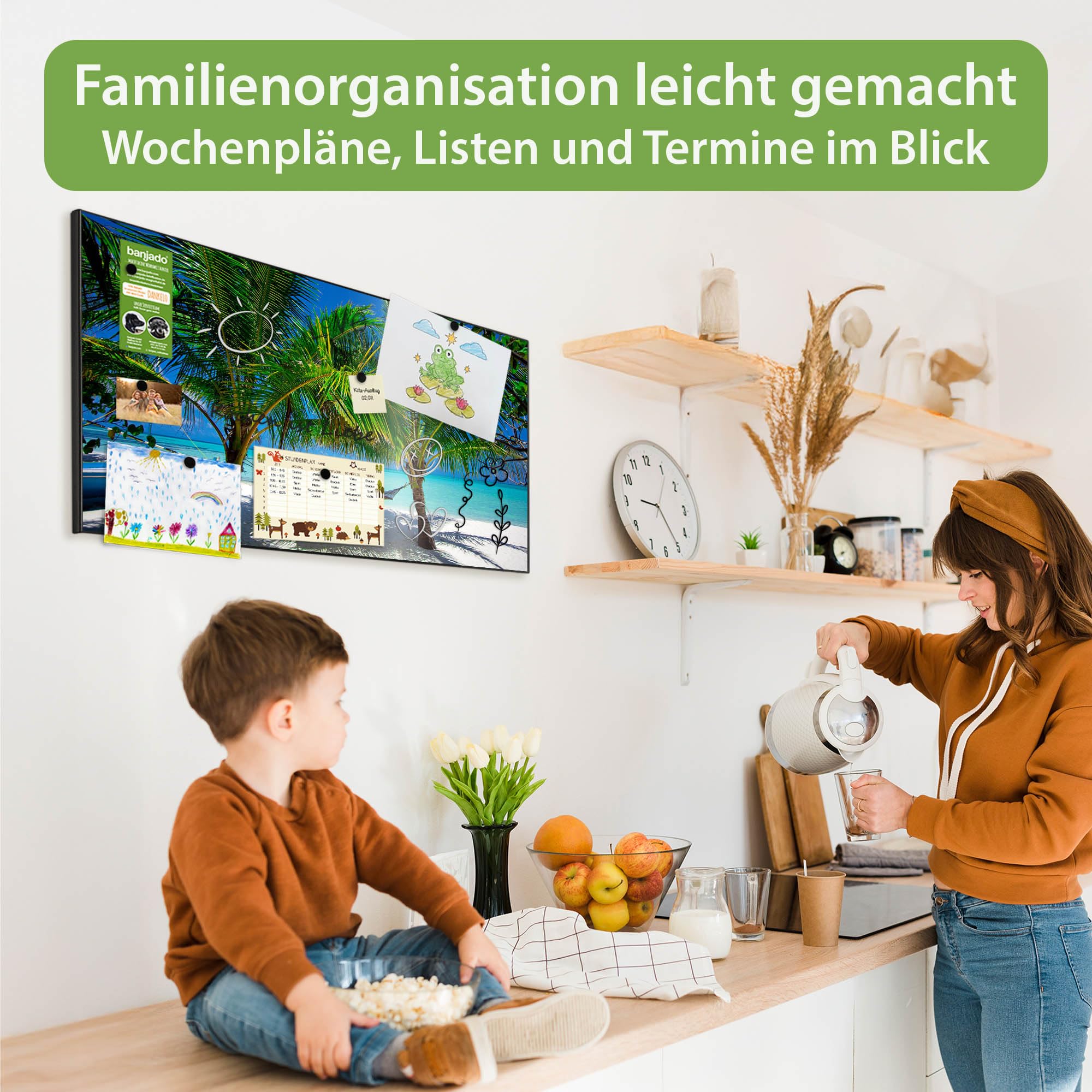 banjado Magnettafel Metall 78 x 37cm - beschreibbare Magnettafel - Metall Pinnwand als Memoboard - Magnetwand Küche, Büro, Kinderzimmer Schwarz inkl. 4 Magnete & Montageset - Motiv Strand