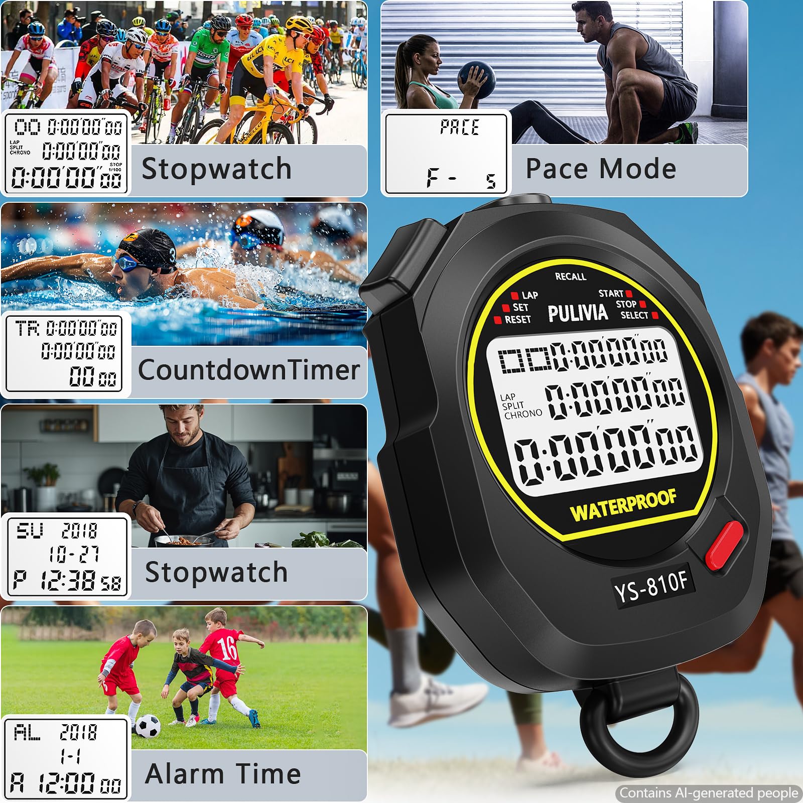 Cronómetro Deportivo Resistente al Agua, 10 Vueltas/Fracciones Temporizador Cuenta Regresiva, Alarma y Calendario, Pantalla Grande, Ideal para Entrenadores, Natación, Entrenamiento Deportivo
